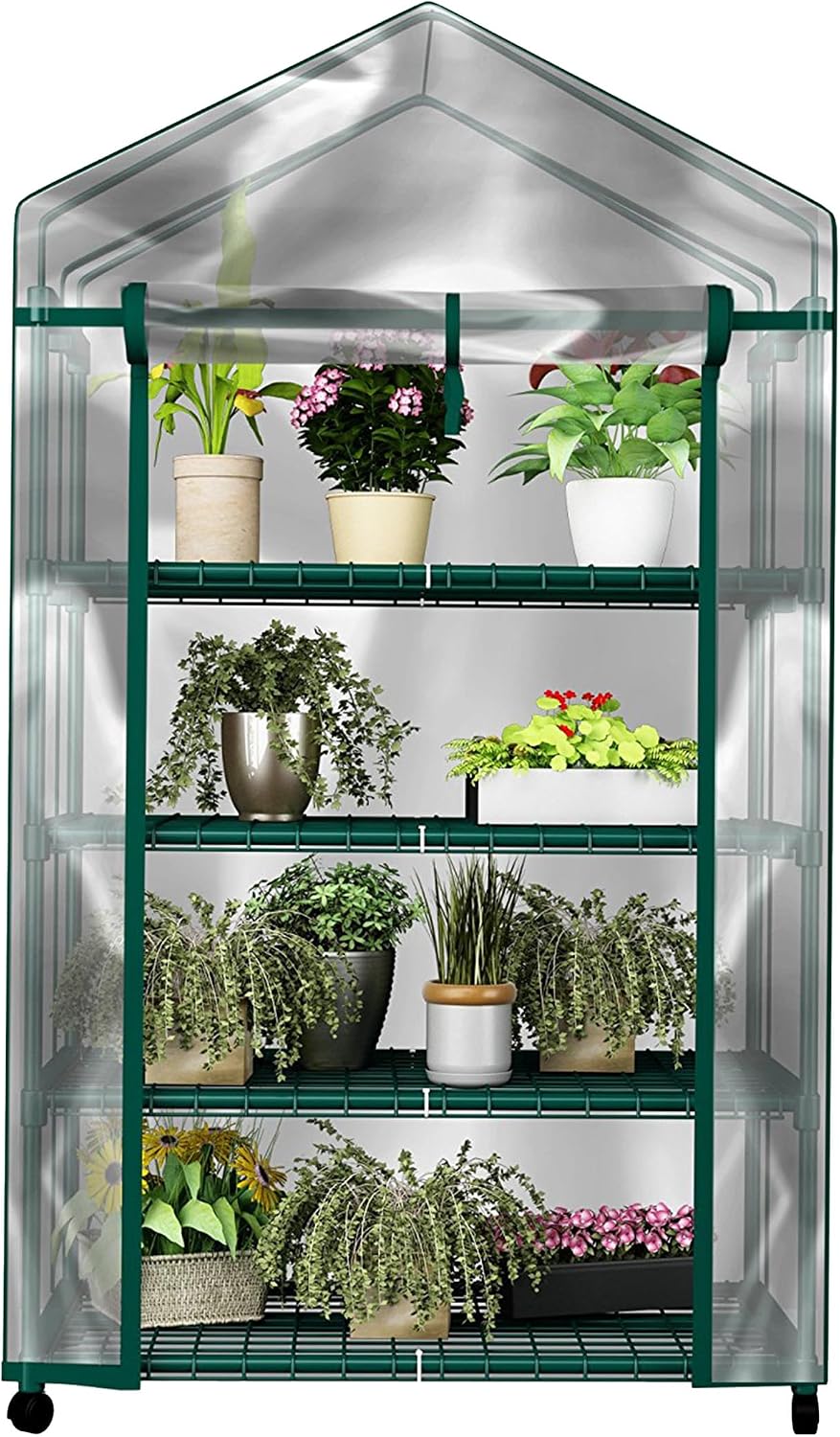 4 Tier Mini Greenhouse - Portable Greenhouse with Locking Wheels and PVC Cover for Indoor or Outdoor Green House by Pure Garden