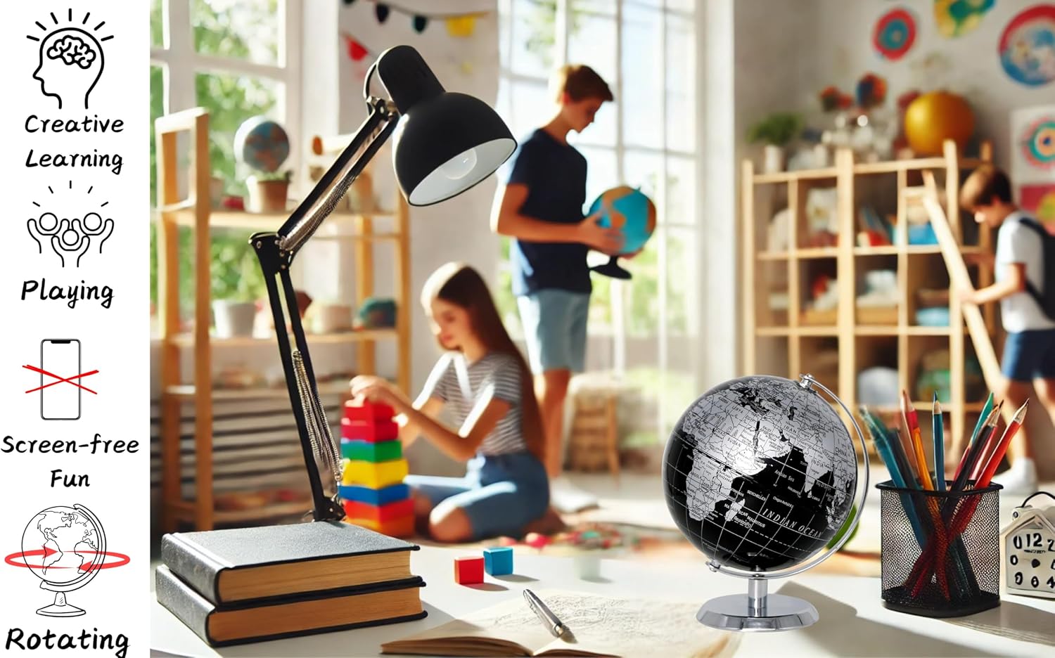 EXERZ 5.5 Inches Mini World Globe Black Rotating Desktop Globe | With Stainless Steel Base for Home Office School