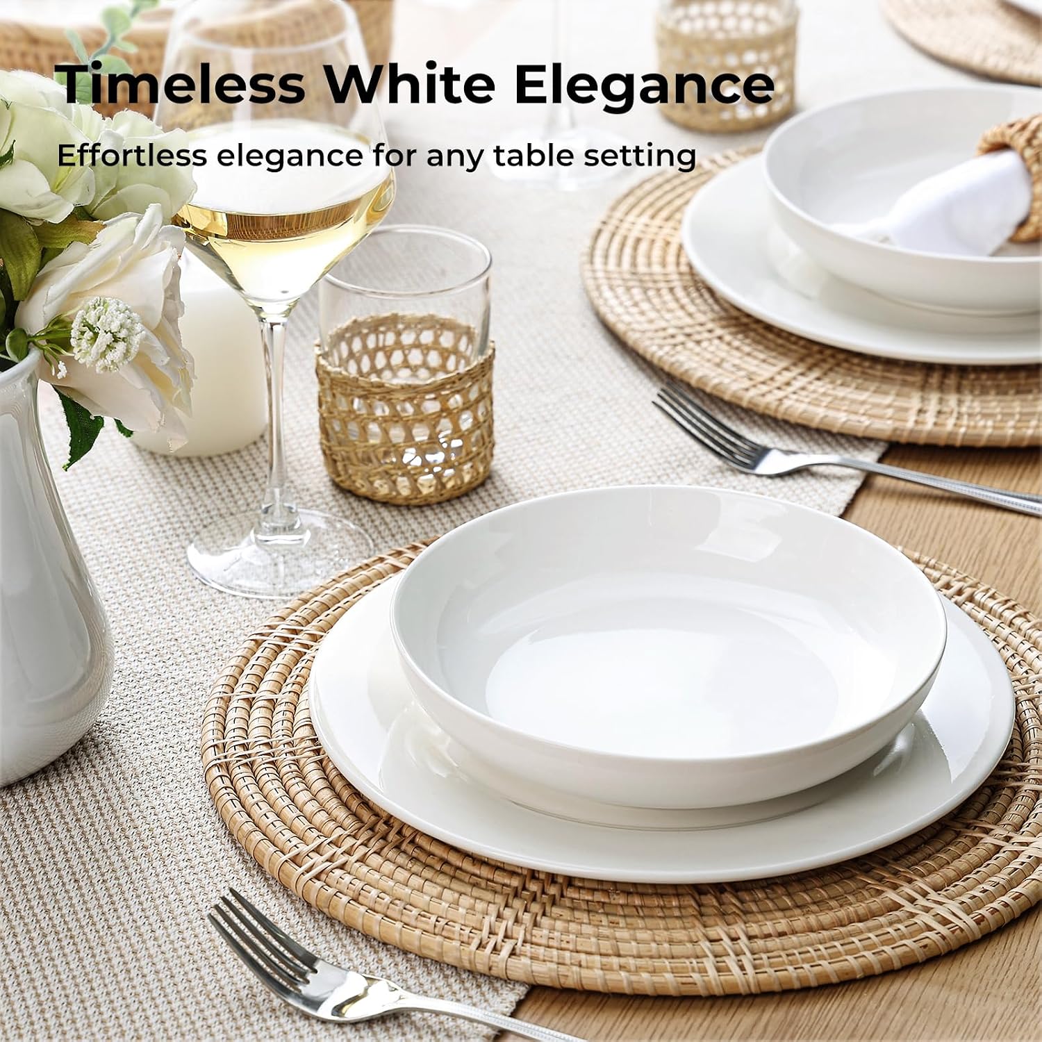 Y YHY 9.75" Large Pasta Bowls, 50 Ounces Big Salad Bowls, Ceramic Serving Bowl Set of 4, Wide and Shallow Bowls Set, Microwave and Dishwasher Safe, White