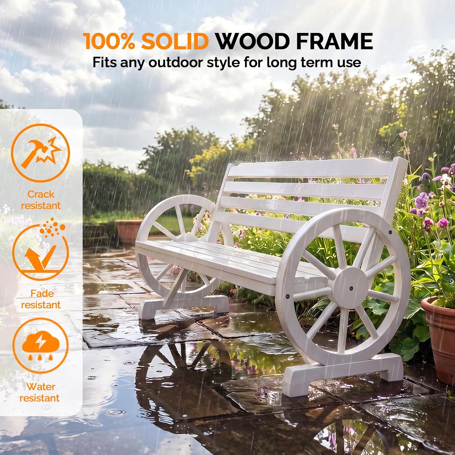 VINGLI Rustic Wooden Wheel Bench Outdoor Bench, Patio Bench Wagon Slatted Seat, Garden Benches for Outdoors 350lbs High Capacity