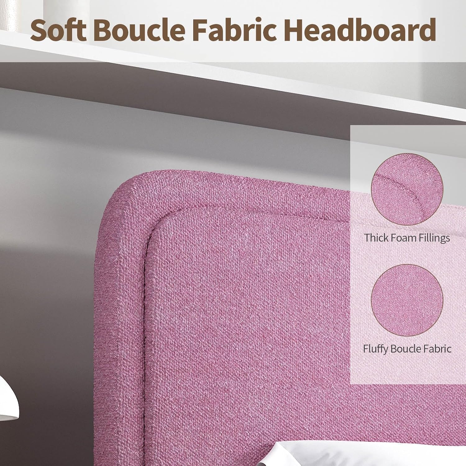 BarnFurin Full Bed Frame, Cloud Boucle Headboard, Rounded Corners, White | Soft boucle and rounded edges create a low-profile cloud look. Wooden slats support the mattress without a box spring