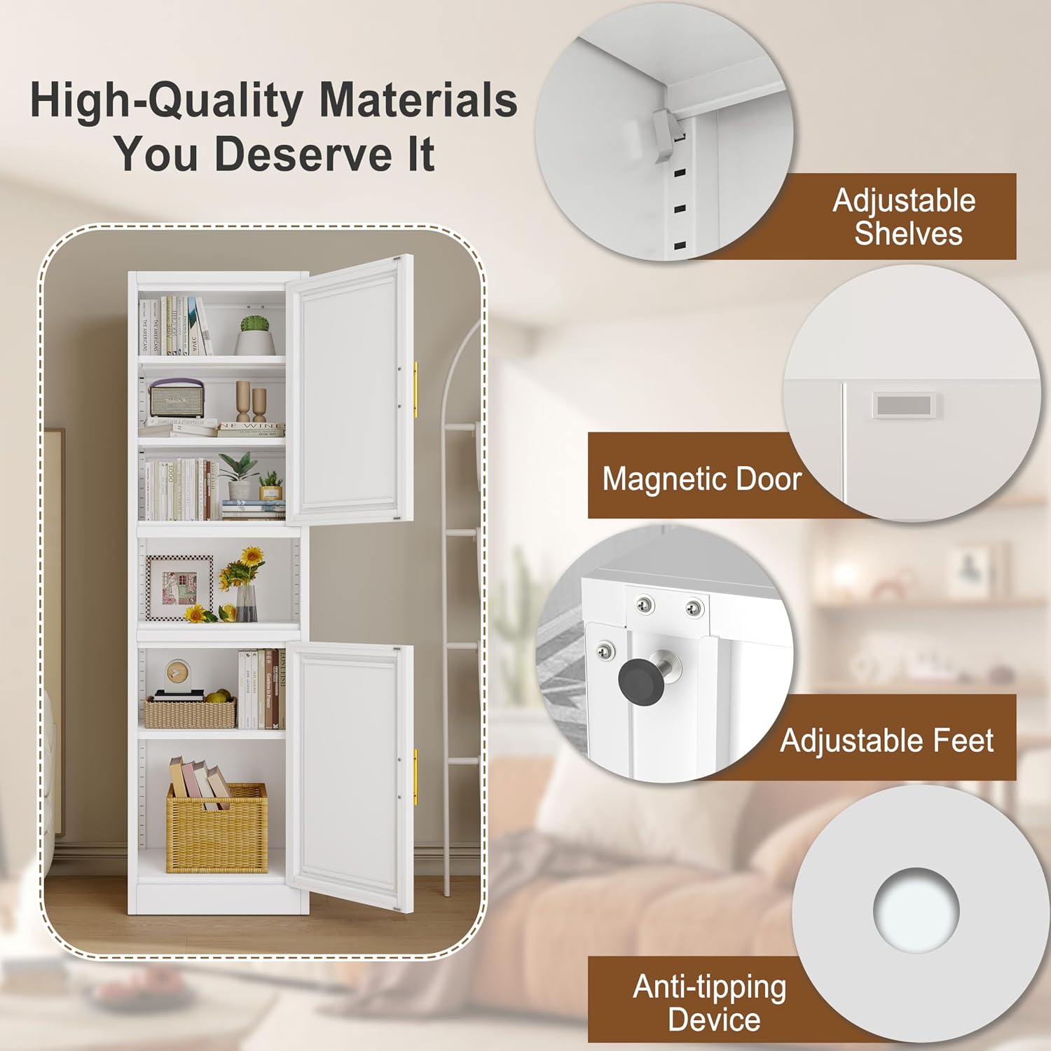 pozdeg 67" Tall Narrow White Metal Storage Cabinet | 2 Doors, 4 Adjustable Shelves, Freestanding Slim Pantry Organizer for Bathroom Kitchen Living Room