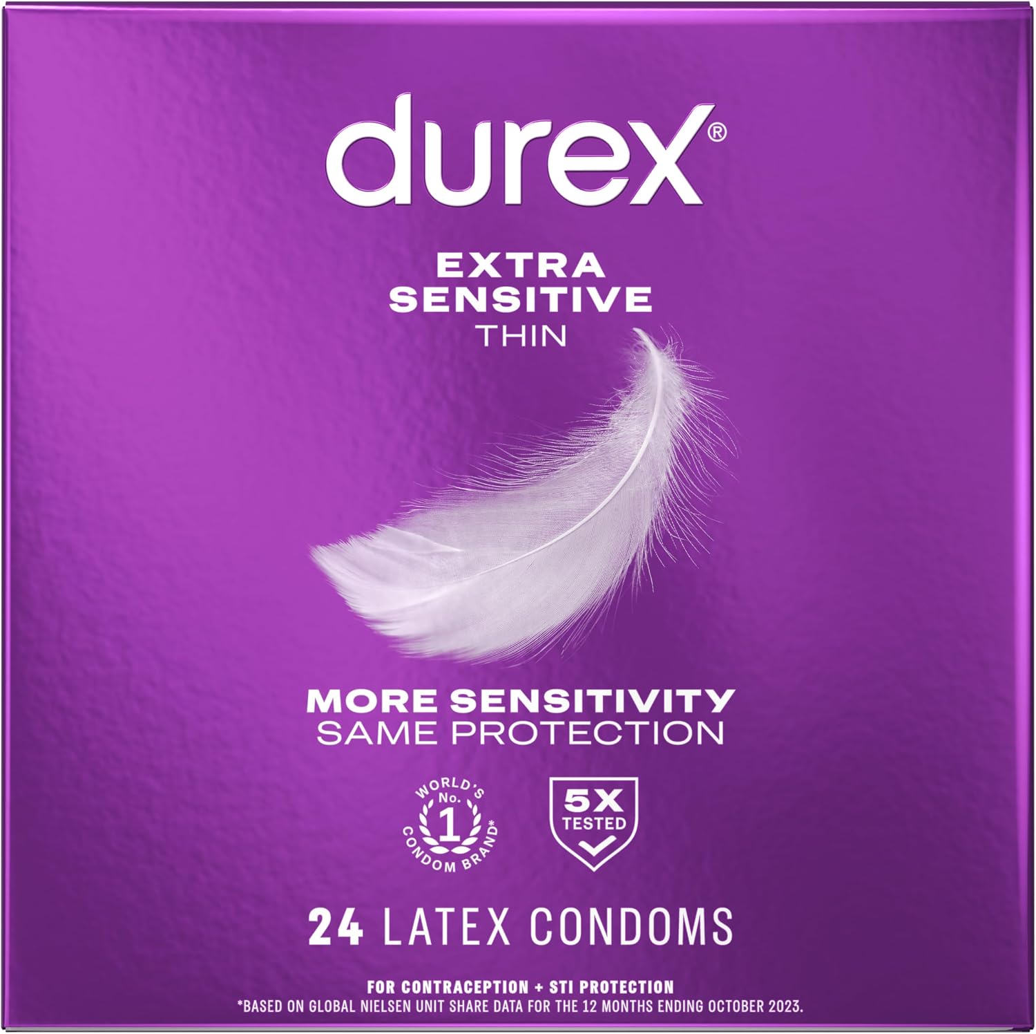 Durex Extra Sensitive Thin Condoms, Lubricated Latex Condoms for Men, 24 Count