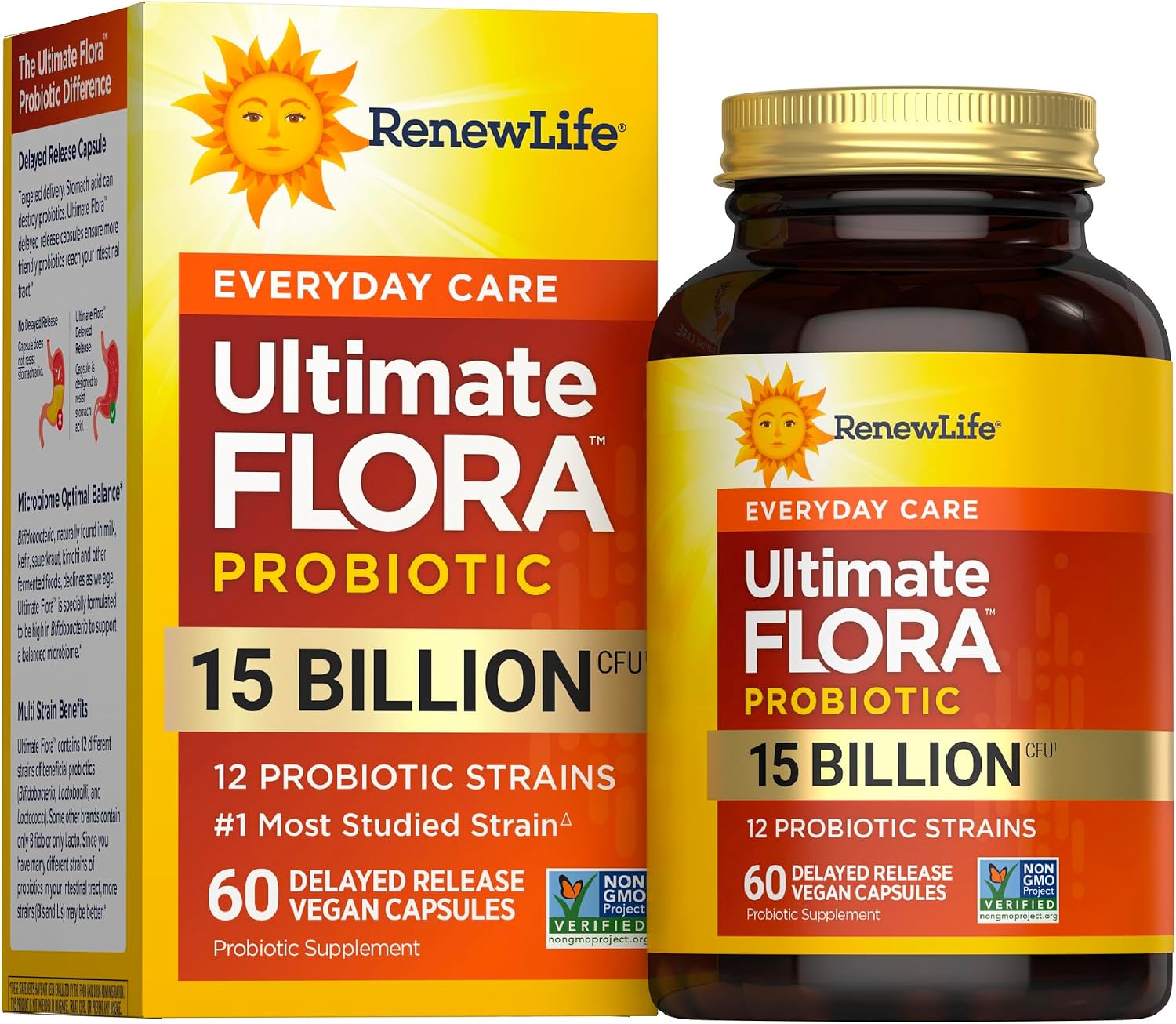 Renew Life Ultimate Flora Probiotic 15 Billion CFU | 30 Delayed Release Vegan Capsules Go Pack | Everyday Care Formula | Dairy, Soy, and Gluten Free Supplement