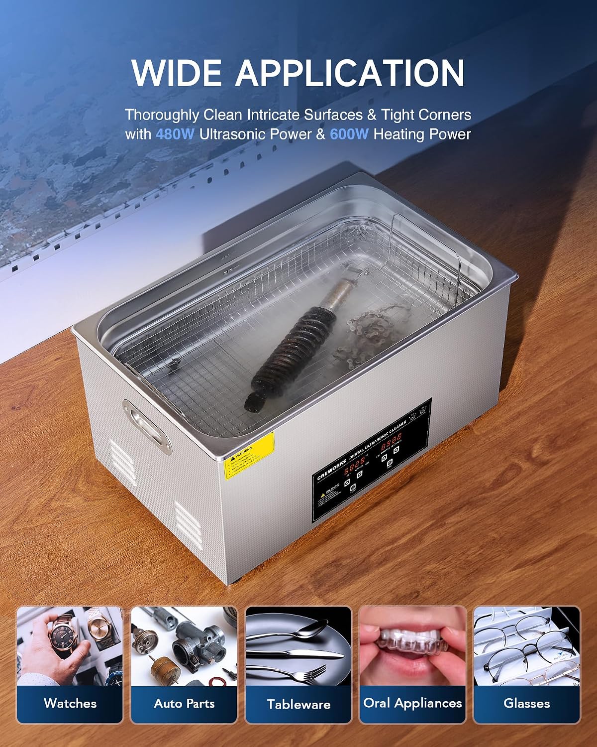CREWORKS 3L Ultrasonic Cleaner, 0.8 gal Digital Sonic Cavitation Machine | 120W Stainless Steel Professional Jewelry Cleaner for Cleaning Tool Watch Glasses Retainer Denture Parts with Heater & Timer