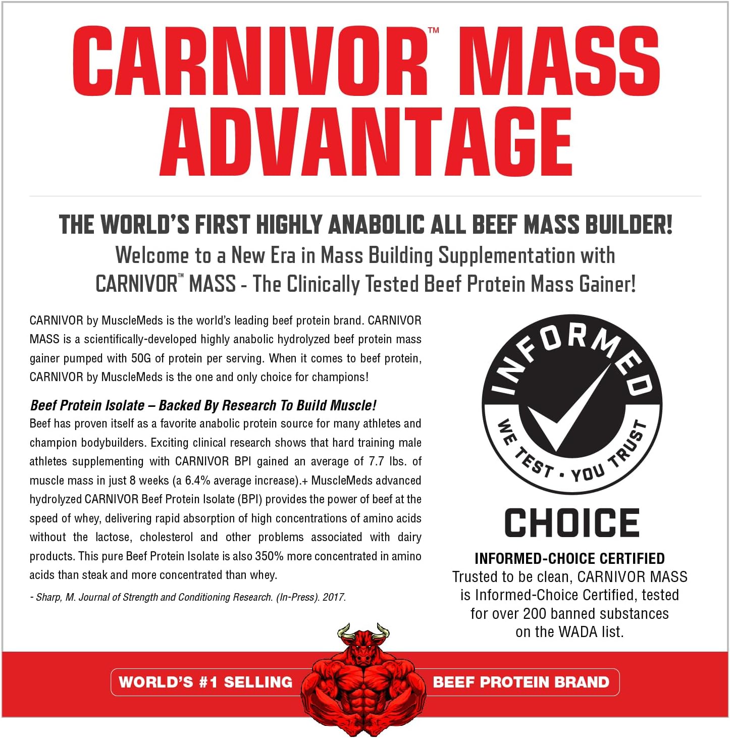 MuscleMeds CARNIVOR Mass Gainer Beef Protein Isolate Shake, 50 Grams Protein, 125 Grams Carbs, 0 Fat, 0 Sugar, Lactose Free, Halal Certified, Chocolate Peanut Butter, 6 Pound