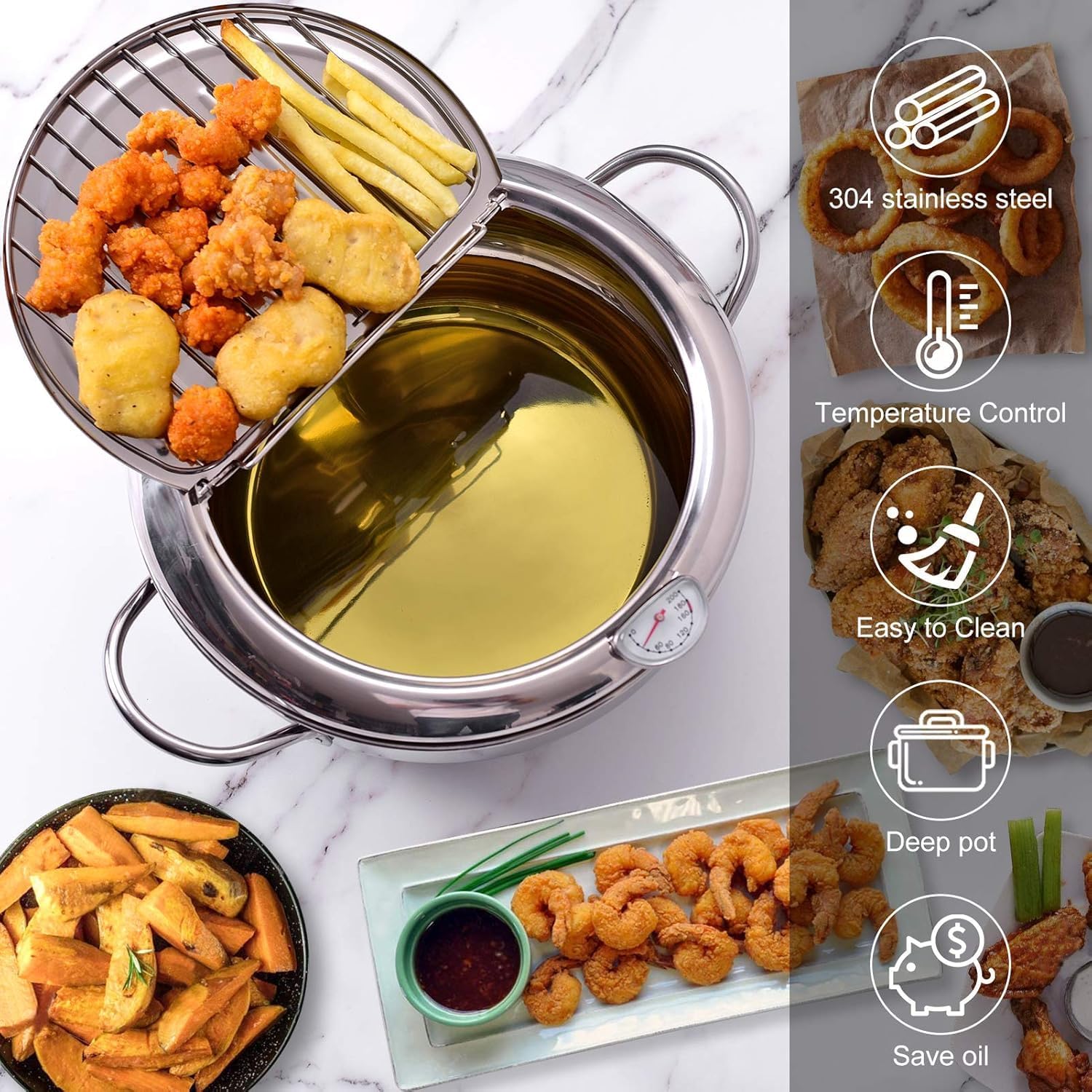 cuomaop Deep Fryer Pot, 304 Stainless Steel Japanese Frying Pot with Oil Drain, Temperature Control and Lid