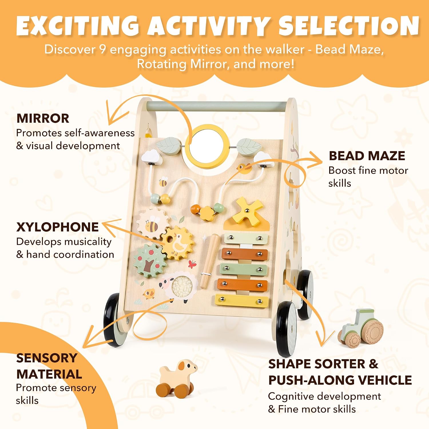 Pithfor Wooden Baby Push Walker, Baby Walker with Activity Center for Girls Boys