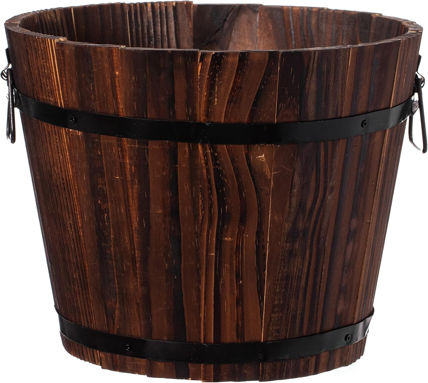 Rustic Wooden Whiskey Barrel Planter with Durable Medal Handles and Drainage Hole - Perfect for Indoor and Outdoor Plants, Herbs, and Vegetables - Medium