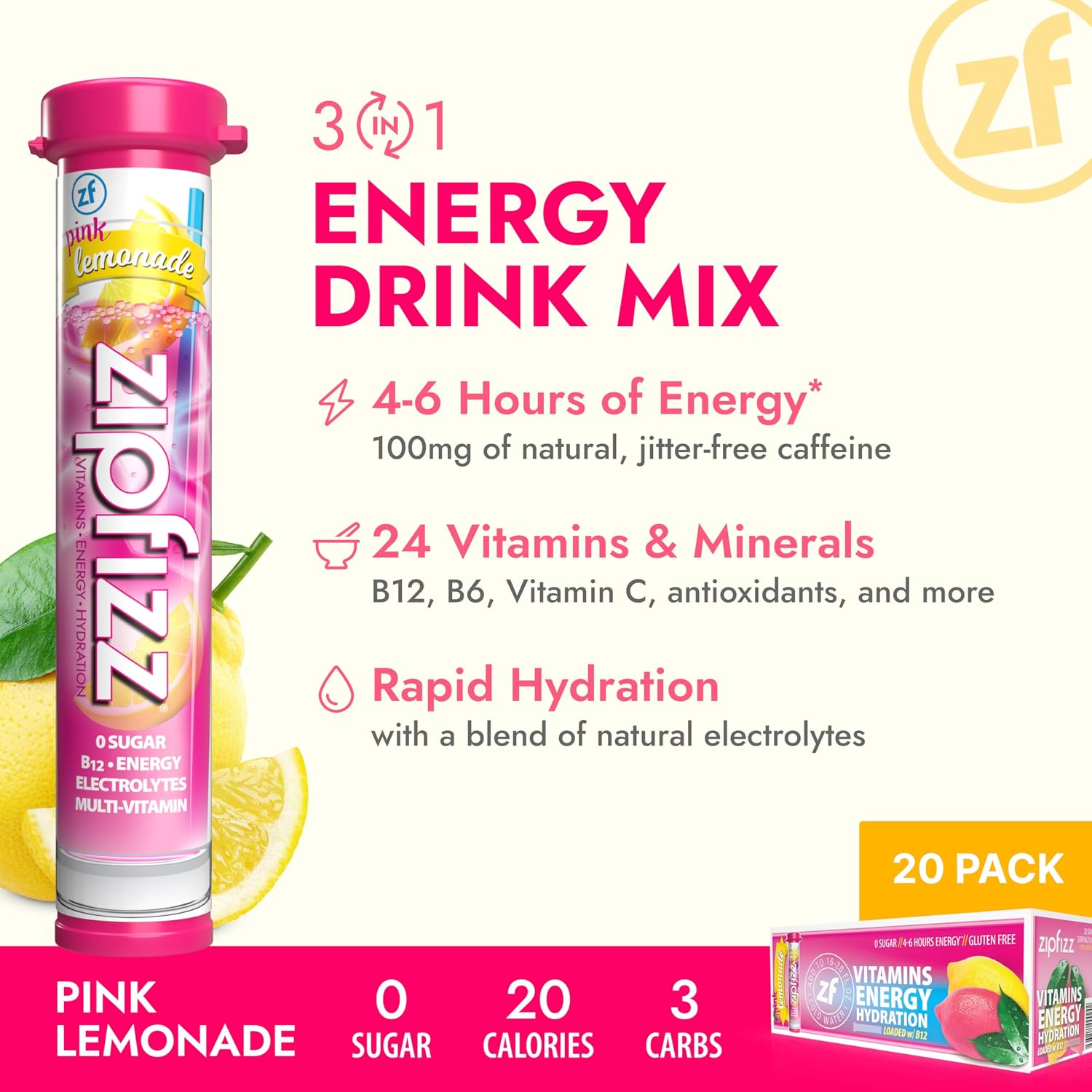 Zipfizz Energy Drink Powder, 20 Pack B12 Electrolyte - Pink Lemonade | Hydration tubes with vitamin drink benefits, 100mg caffeine, B12, electrolytes, & no artificial sugar for active lifestyle