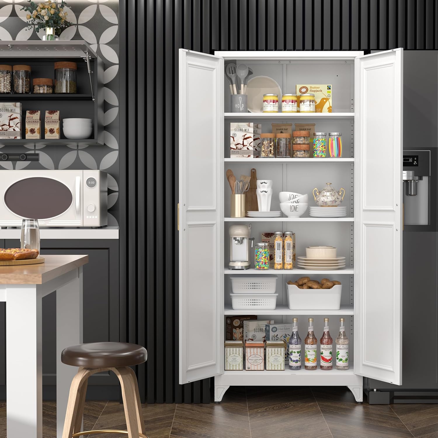 Steeloong 71"Metal Pantry Storage Cabinet with Doors & 4 Adjustable Shelves | Kitchen Pantry Cabinet,White Kitchen Cabinet with 2 Gold Handles,Tall Cabinet for Livingroom,Pantry, Bathroom,Kitchen