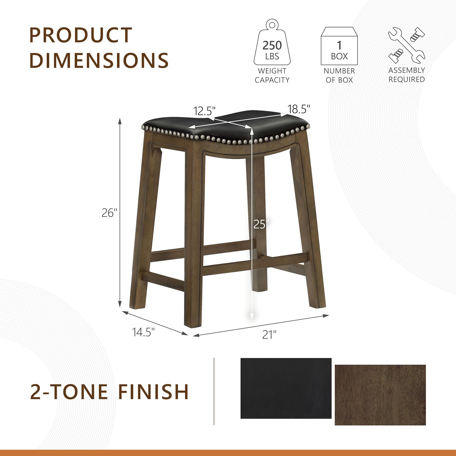Lexicon Ordway Solid Wood Counter Height Stool - Saddle Kitchen Stool Counter Height Stools for Dining, Armless Chair Seating Options, Perfect for Casual Entertaining Spaces, 25" SH, Black