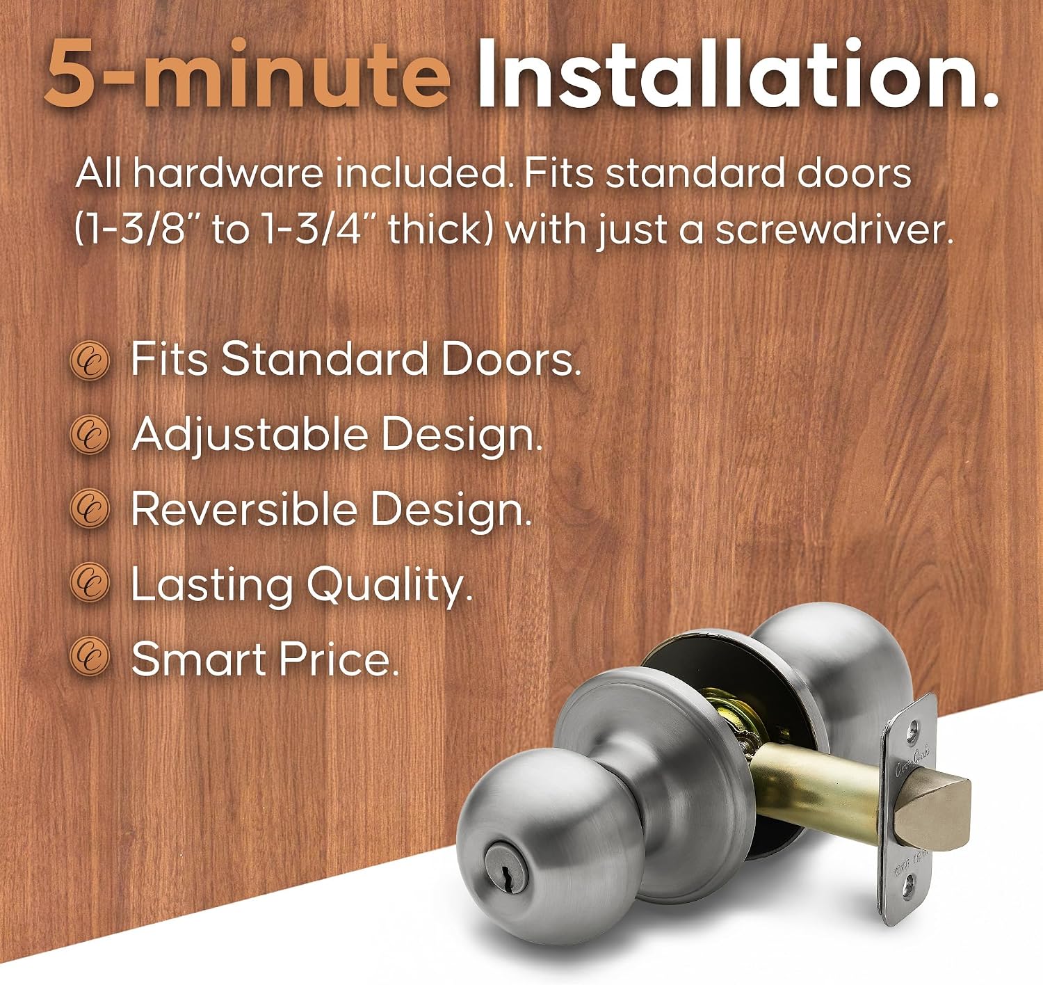 Copper Creek Privacy Interior Door Knob – ANSI Grade-3 Certified, Modern Heavy Duty Handle, Easy Install and Reversible for Bedroom, Bathroom & Closets – Satin Stainless (1 Pack)