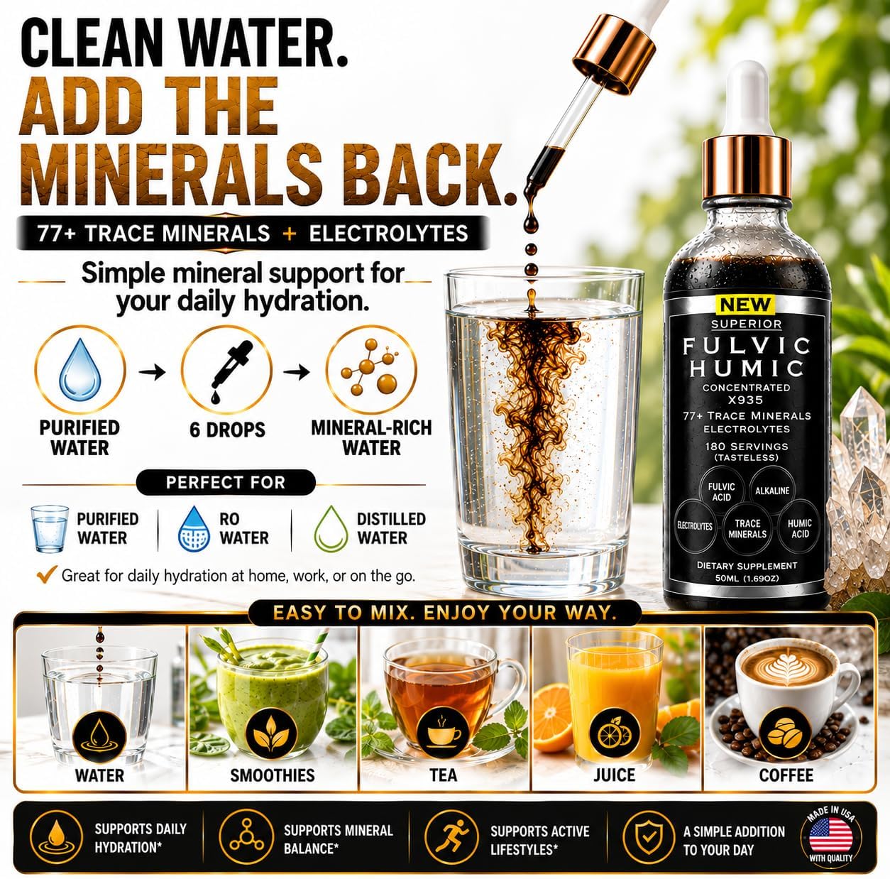 Fulvic Humic Mineral Blend Drops – 77+ Trace Minerals & Electrolytes