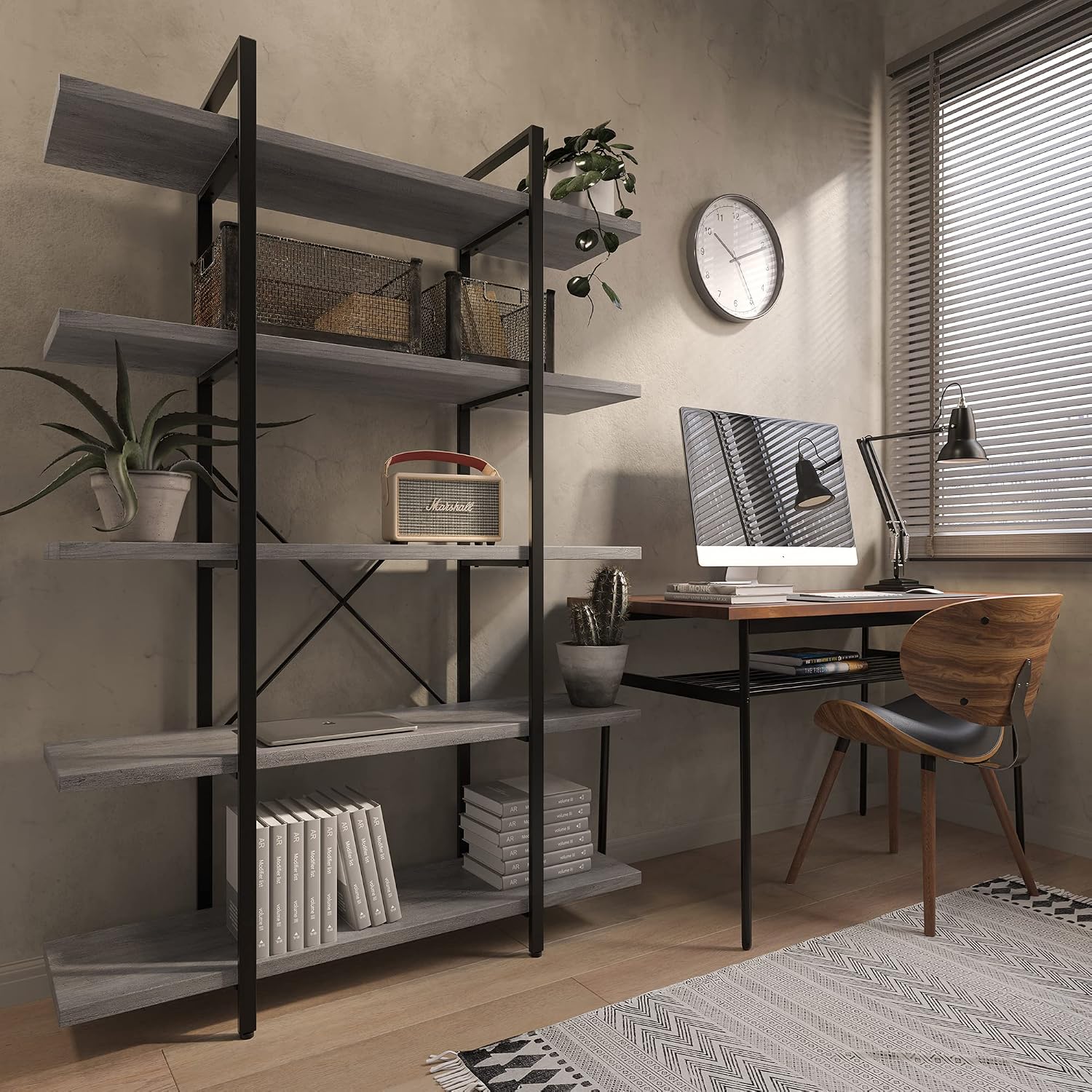 BELLEZE 4 Tier Modern Rustic Industrial Bookshelf, Open Wide Office Etagere Book Shelf