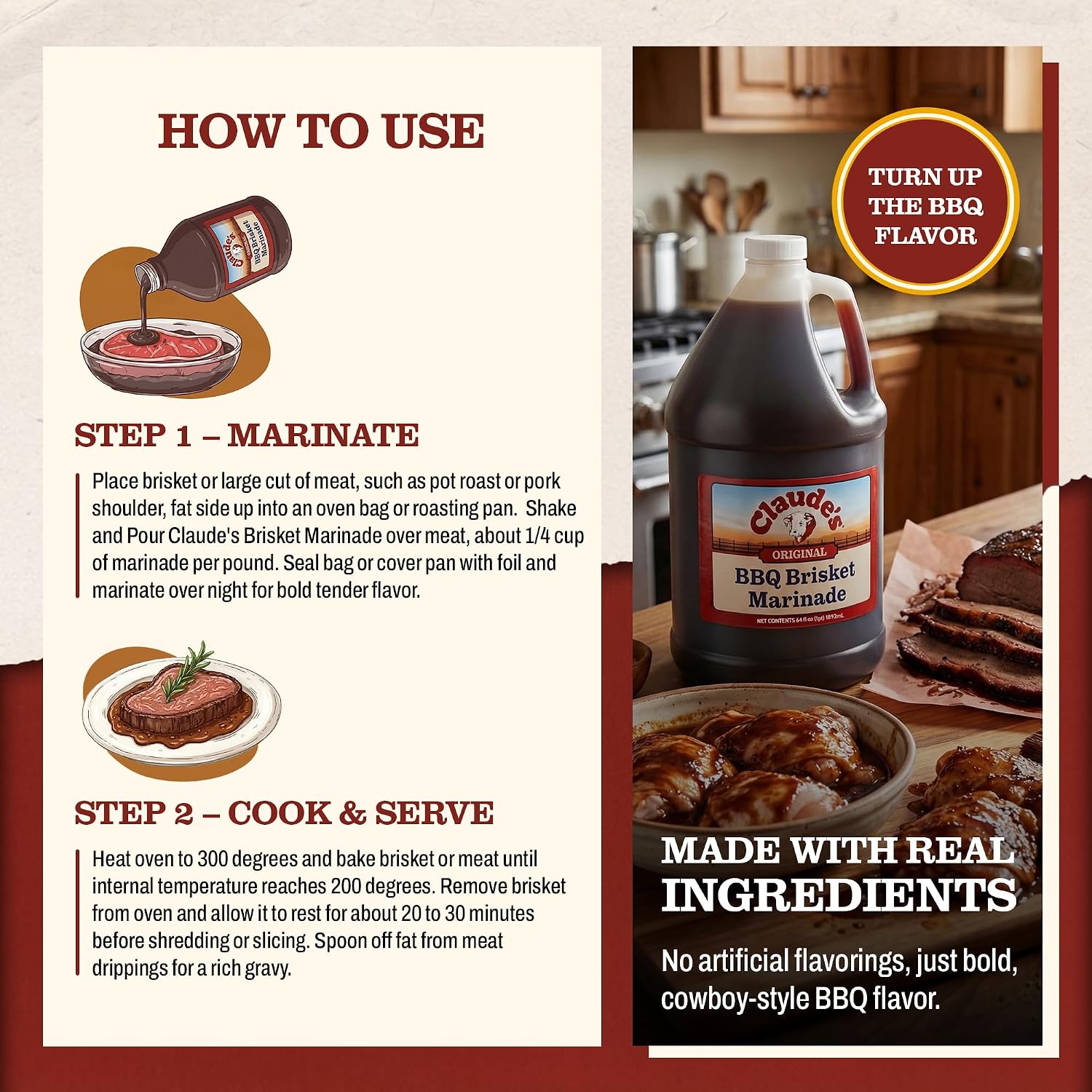Claude's BBQ Brisket Marinade Sauce, Gluten Free Texas Style, 128 oz | Restaurant-size gallon of smoky Texas tenderizing brisket marinade - all natural & gluten free.
