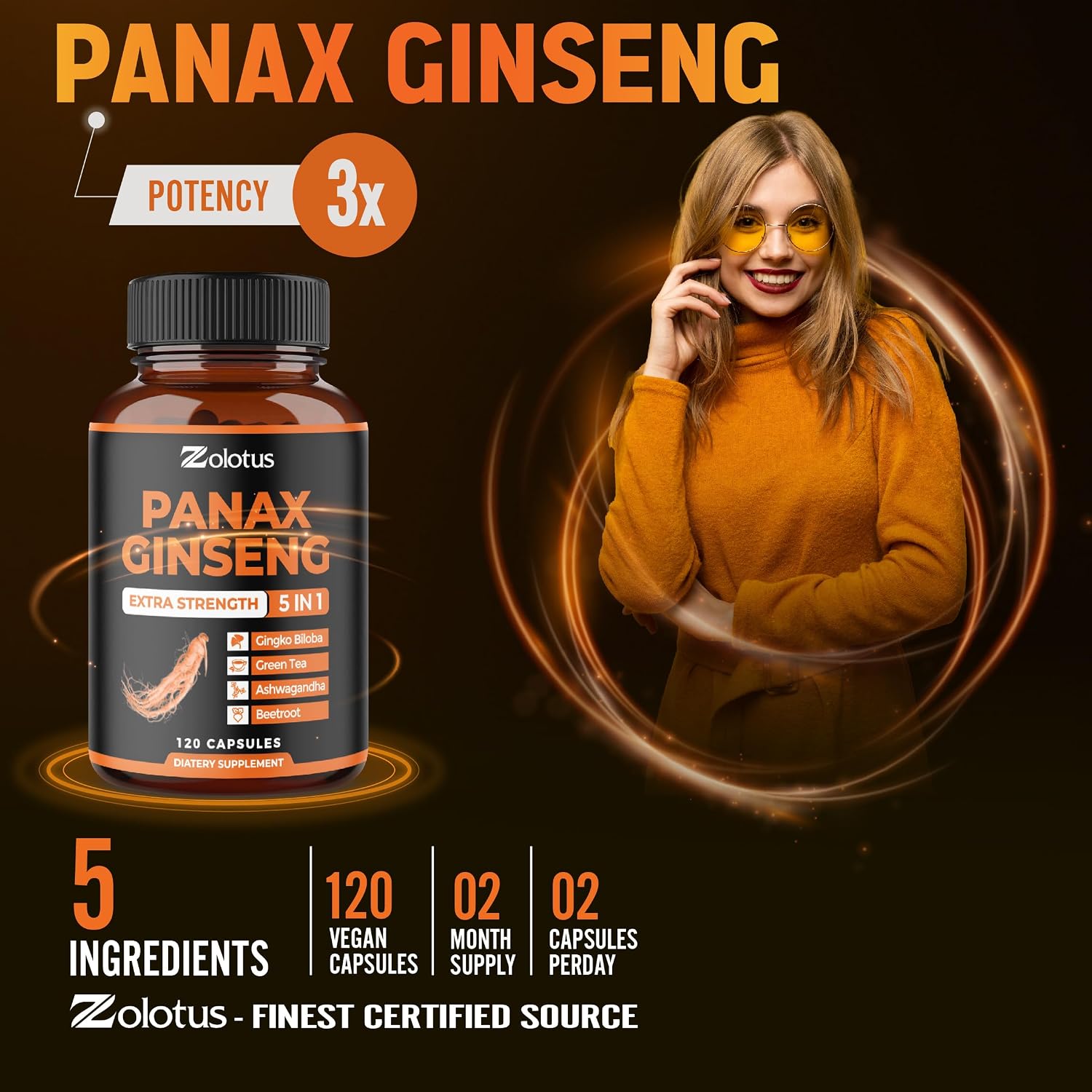 Zolotus Korean Red Panax Ginseng + Ginkgo Biloba, Ashwagandha, Beetroot, Green Tea - 120 Capsules for 2 Month Supply