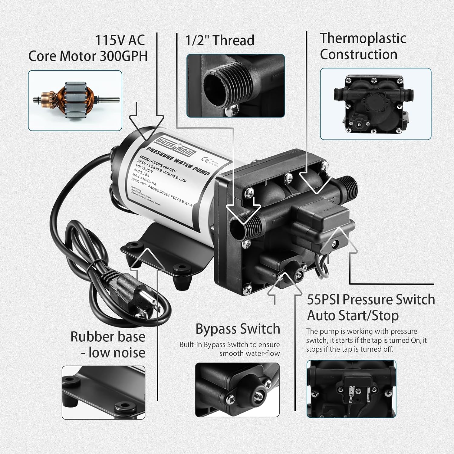 RV Water Pumps 115V AC Pressure Pump with Pressure Switch, Self-priming Water Pump 4.0GPM 45PSI, Fresh Water Pump for RV, Kitchen Barthroom Camping Marine Yacht Garden Diaphragm Pump115volt