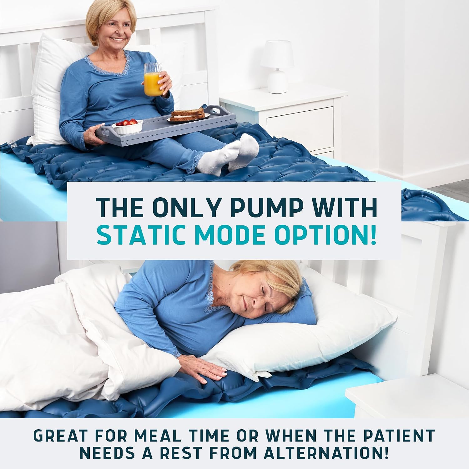 Lunderg PressuRelief Alternating Air Pressure Mattress Pad with Static Mode | With Snap-2-Pad Comfort Layer - Quiet Pump, Comfortable Bed Sore Prevention Mattress Topper for Hospital Bed or Home