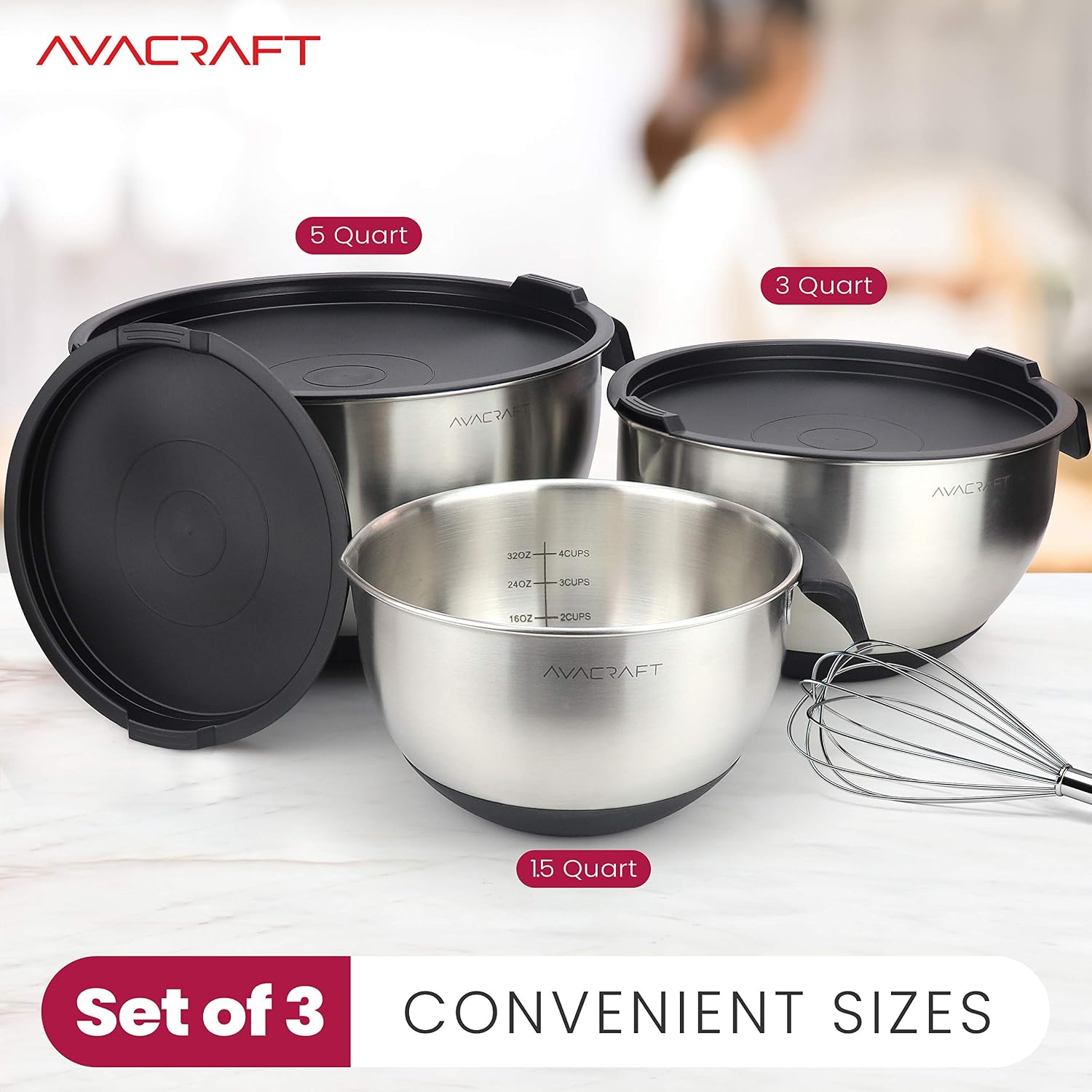AVACRAFT 18/10 Stainless Steel Mixing Bowls with Lids, non slip silicone base bowls with Handle, Mixing Bowl Set with Pour Spouts & Measurement Marks, Home Essentials Cooking Bowls, (Red)