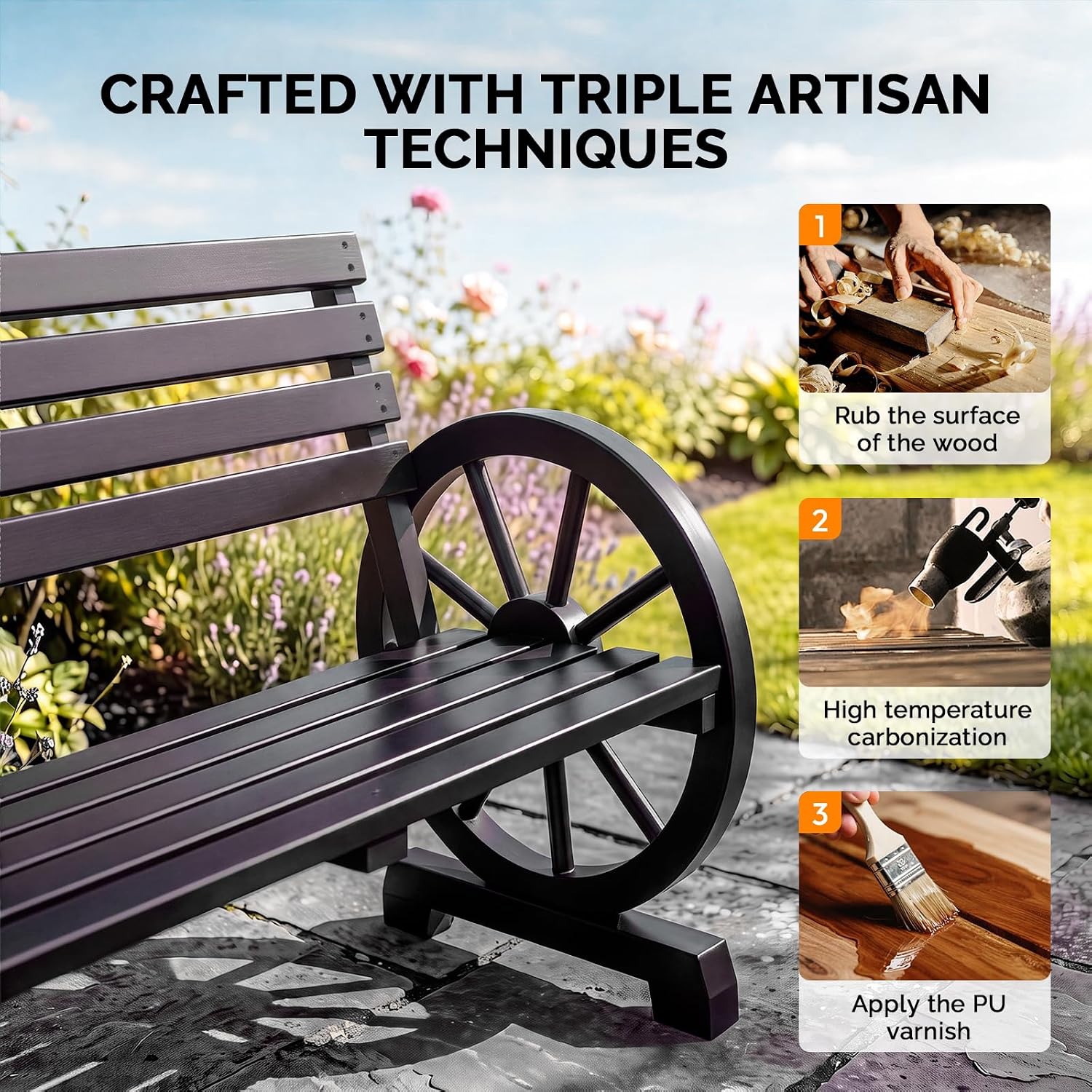 VINGLI Rustic Wooden Wheel Bench Outdoor Bench, Patio Bench Wagon Slatted Seat, Garden Benches for Outdoors 350lbs High Capacity