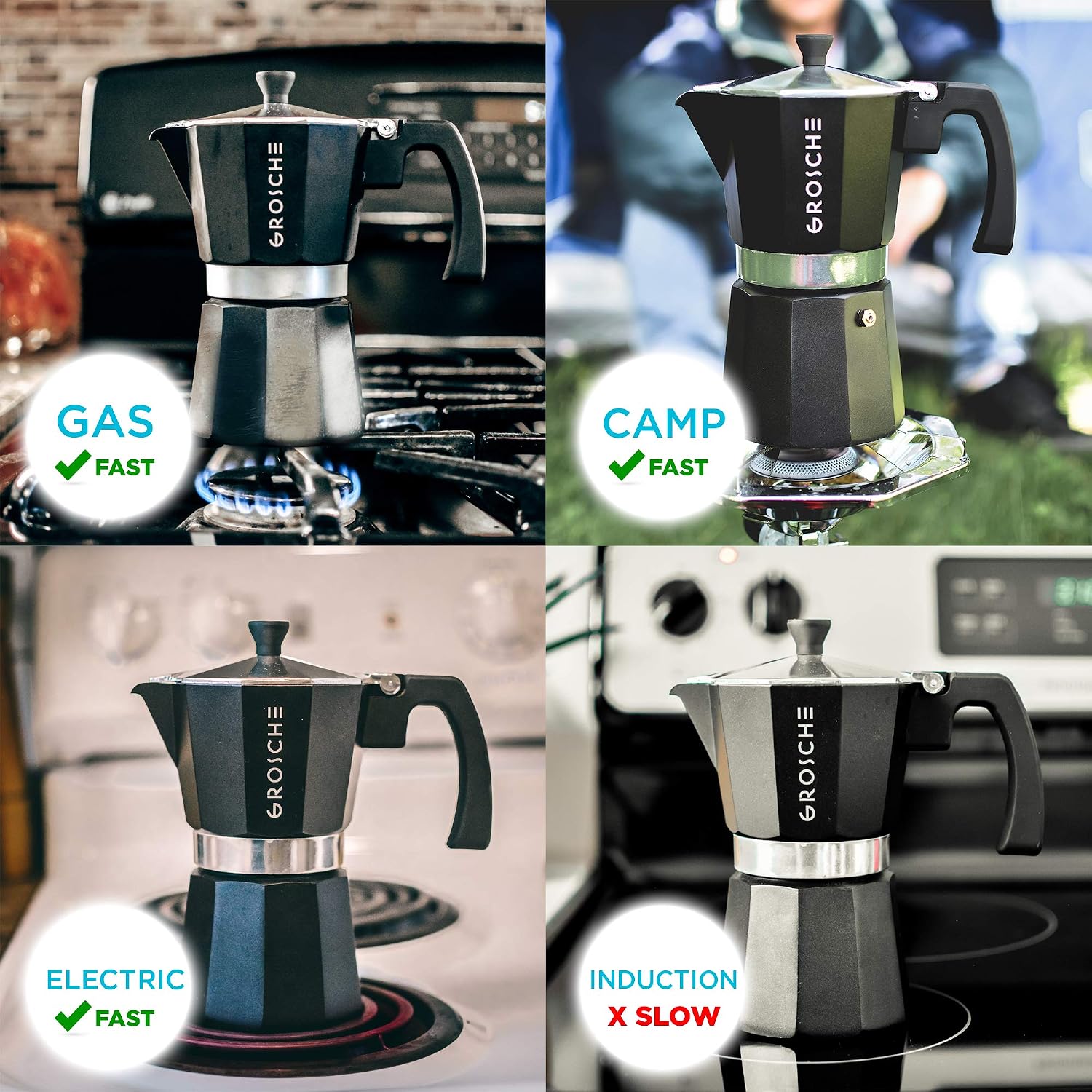 GROSCHE Milano Moka Pot | 9 Espresso Cup - 15.2 oz | Stovetop Espresso Percolator & Coffee Maker – Portable, Ideal for Home and Camping | Cuban Coffee Maker And Italian Moka Pot For Stovetop Espresso; For Gas, Electric, And Propane Stoves With A Soft-Tou…