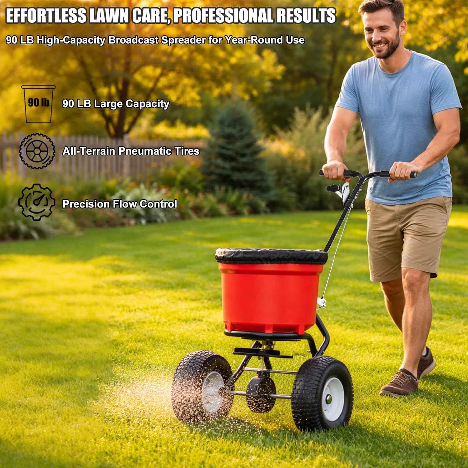 90 LB Broadcast Spreader Walk Behind, Lawn Fertilizer Spreader with 12.5" Pneumatic Wheels, Push Grass Seed Spreader for Lawn Care, Garden