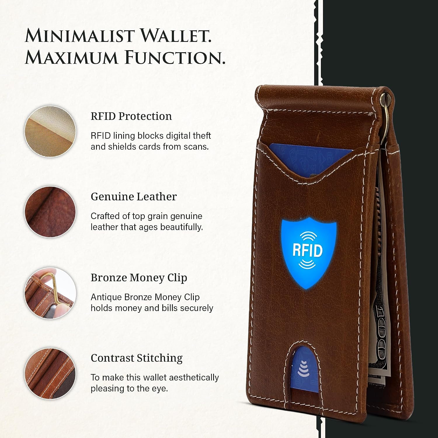 Genuine Bison Leather Wallet for Men, RFID Slim, Brown | Genuine bison leather wallet for men with RFID blocking and curved front pocket fit. Rugged slim everyday carry, brown.