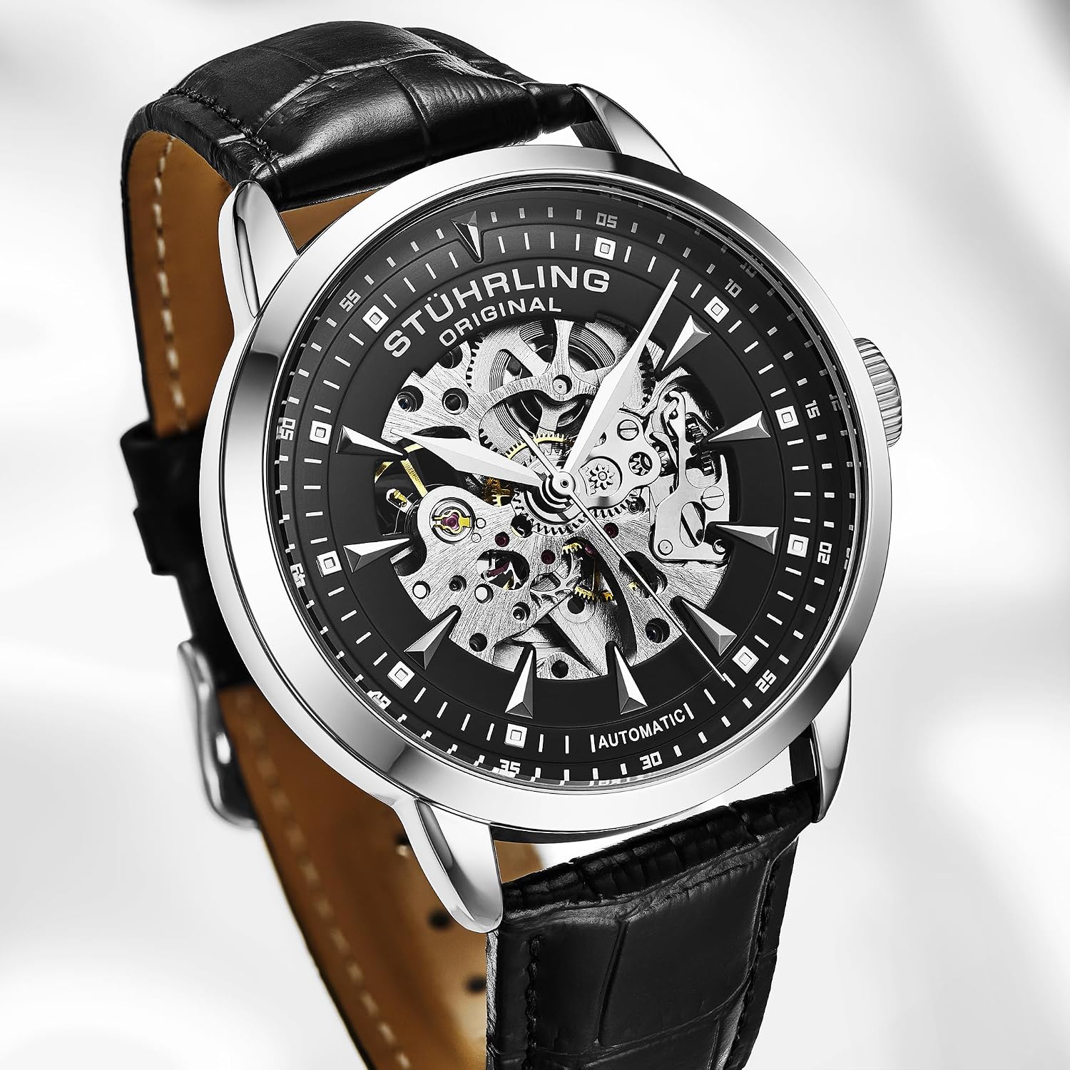 Stuhrling Original Mens Skeleton Automatic Dress Watch with Alligator Embossed Leather Strap Skeleton Dial