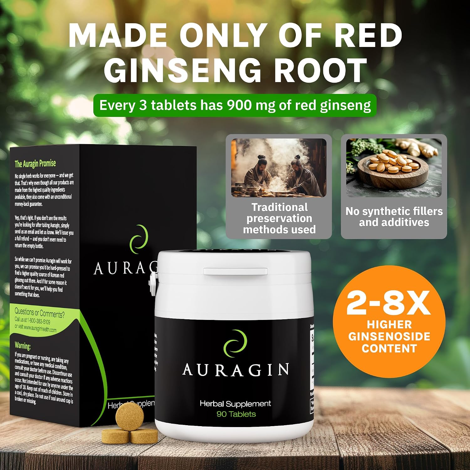Auragin® Authentic Korean Red Ginseng – Made in Korea – 6 Year Roots – No Additives or Other Ingredients – 100% Red Panax Ginseng in Every
