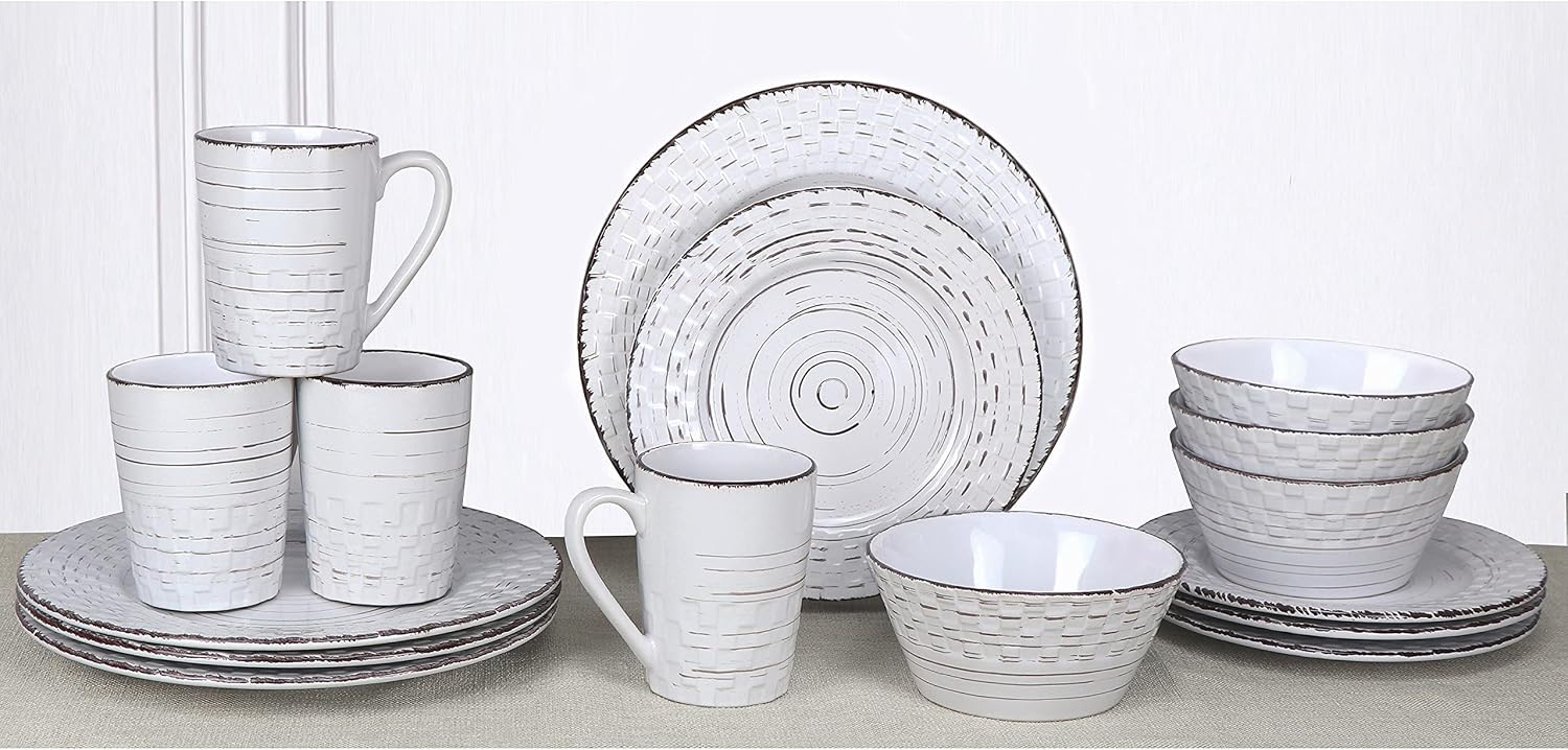 Lorren Home Trends Distressed Weave Dinnerware Set, Buttercup, 16 Piece | Service for 4