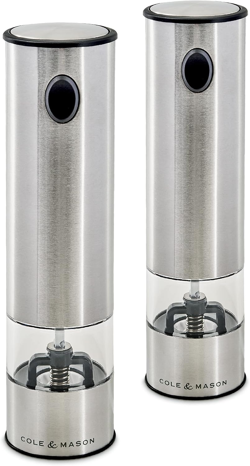 Cole & Mason H3004480 Battersea Salt and Pepper Mills | Electronic | Stainless Steel/Acrylic | 210mm | Gift Set | Includes 2 x Electric Salt and