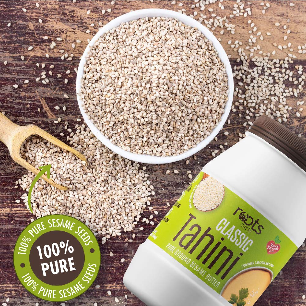 Roots Circle All-Natural Sesame Tahini Paste | 100% Pure Rich & Creamy Ground Sesame Seed Paste for Hummus, Tahini Sauce, Dressing & Dips | Vegan, Kosher | Non-GMO, Gluten & Peanut-Free | 2 Jars 16 Oz