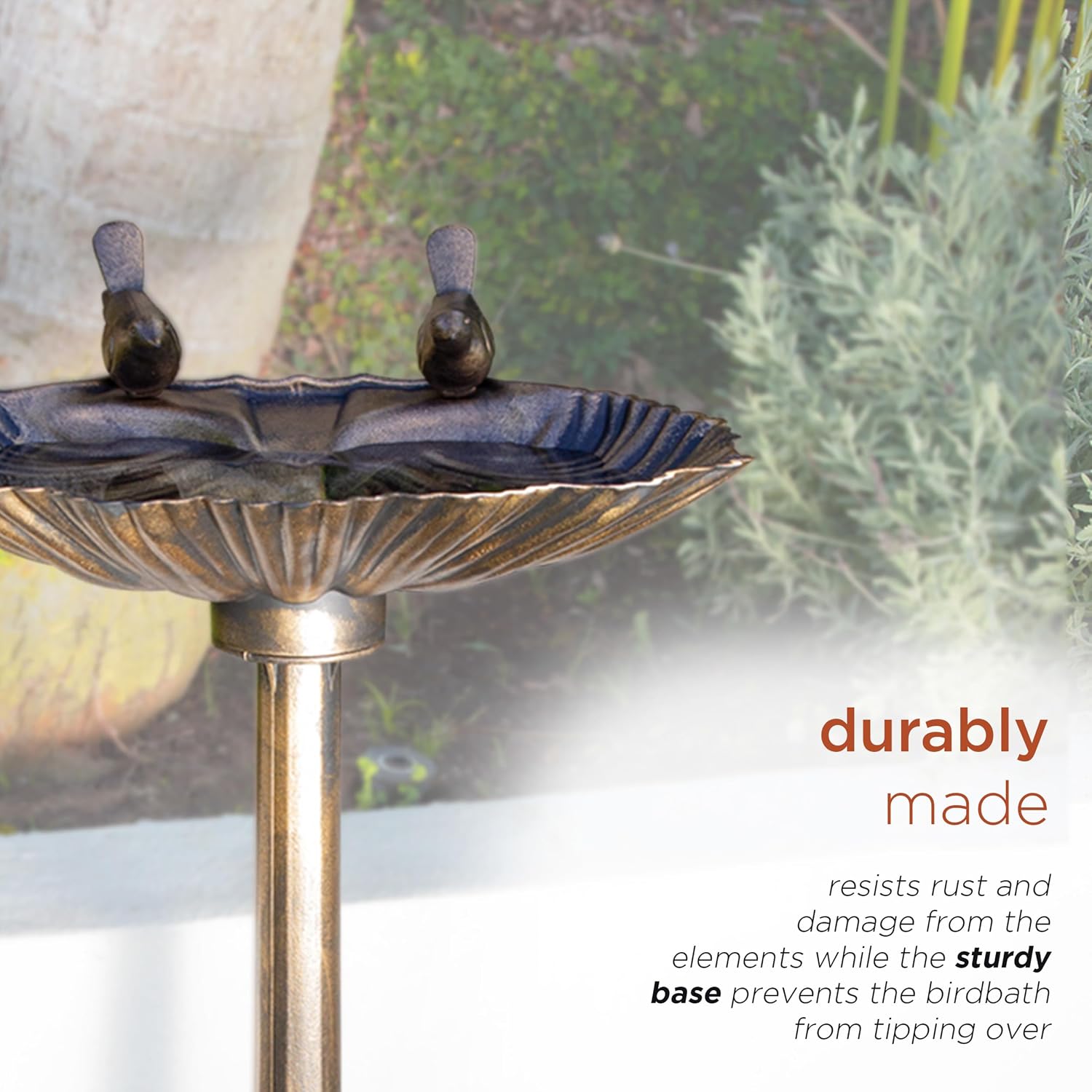 Alpine Corporation | 31" Tall Outdoor Birdbath with 2 Bird Figurines — Shallow and Wide Bird Feeder, Bronze Garden Accent