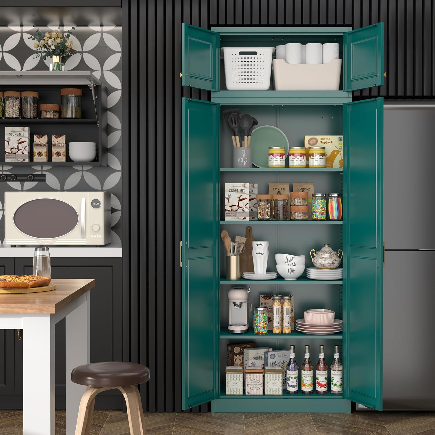 Steeloong 71"Metal Pantry Storage Cabinet with Doors & 4 Adjustable Shelves | Kitchen Pantry Cabinet,White Kitchen Cabinet with 2 Gold Handles,Tall Cabinet for Livingroom,Pantry, Bathroom,Kitchen