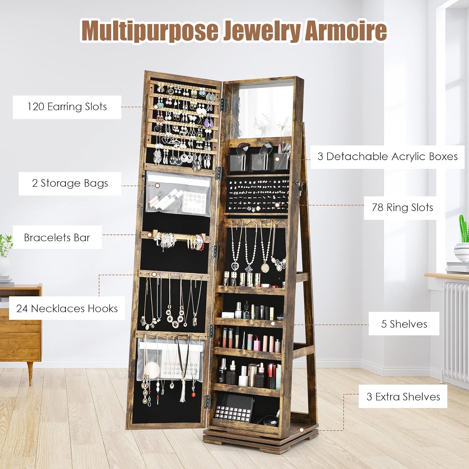 CHARMAID 360° Swivel Jewelry Armoire with Higher Full Length Mirror, Standing Lockable Jewelry Cabinet Organizer with Large Storage Capacity