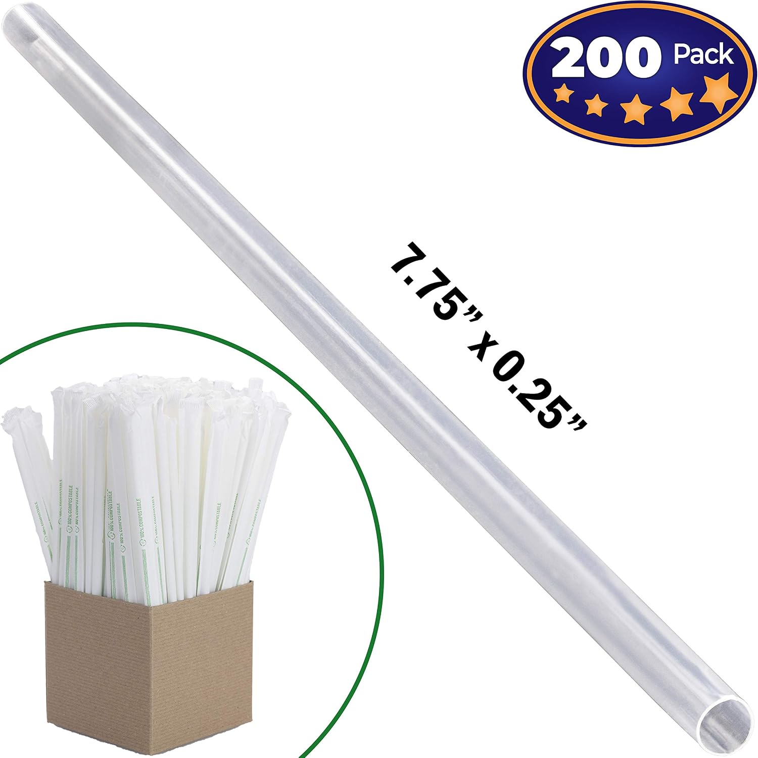 Clear Plastic Straws 200 Bulk Pack. Reduce Your Carbon Footprint With a Compostable, Plant-Based, Eco-Friendly Drinking Straw! Individually Wrapped