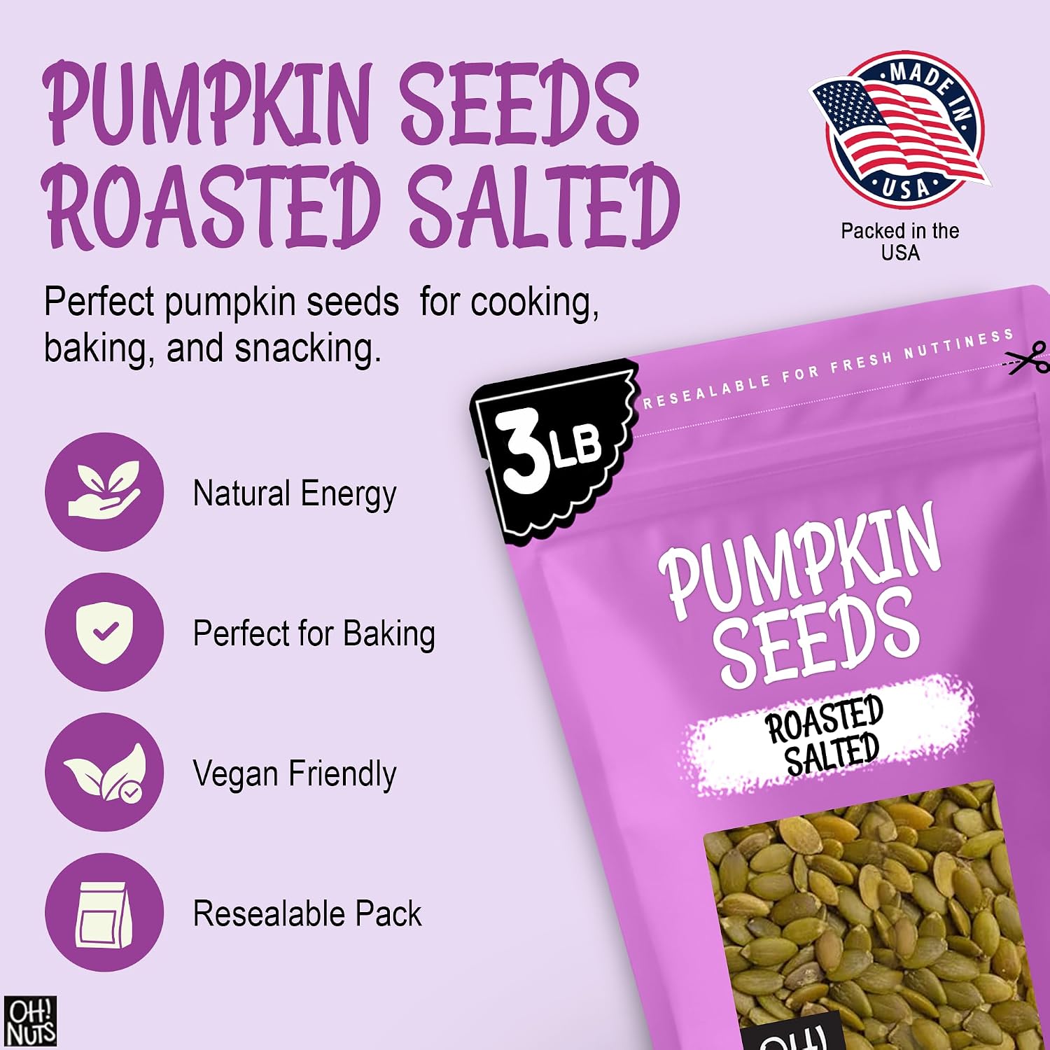 Oh! Nuts Roasted Pumpkin Seeds Salted Pepitas No Shell 2 Pound | Roasted salted pumpkin seeds no shell - Premium pepitas packed in NY - Resealable zip bag for freshness