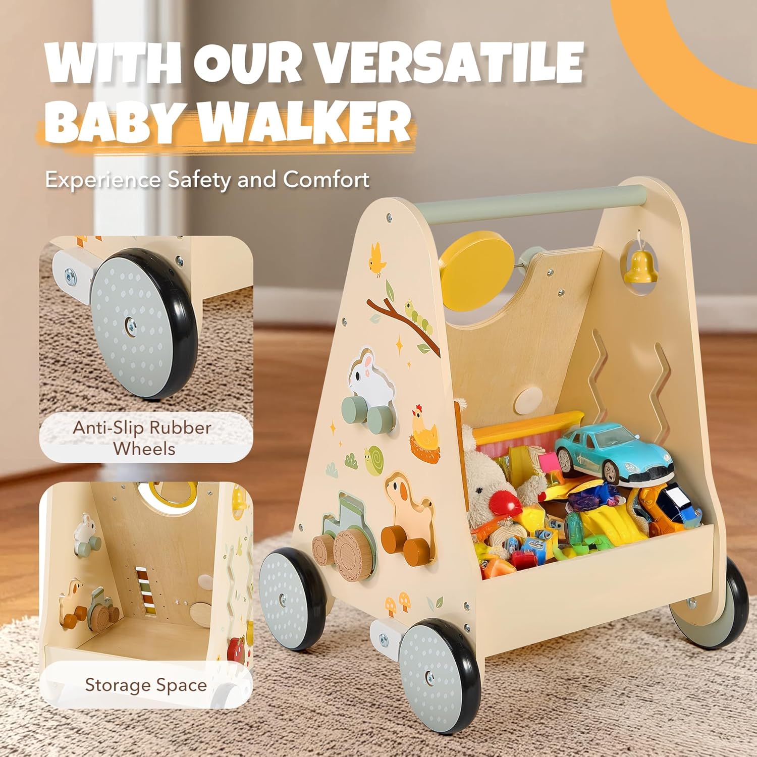 Pithfor Wooden Baby Push Walker, Baby Walker with Activity Center for Girls Boys