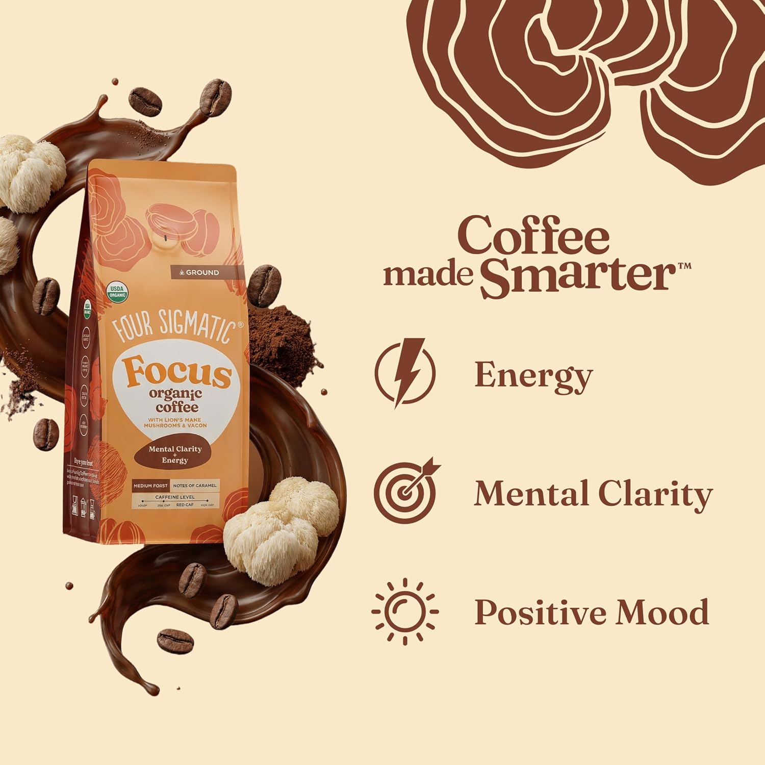 Four Sigmatic Organic Focus Mushroom Ground Coffee | Dark Roast, Organic Coffee with Lion's Mane & Chaga Mushroom for Mental Clarity & Energy Support | 12oz Bag