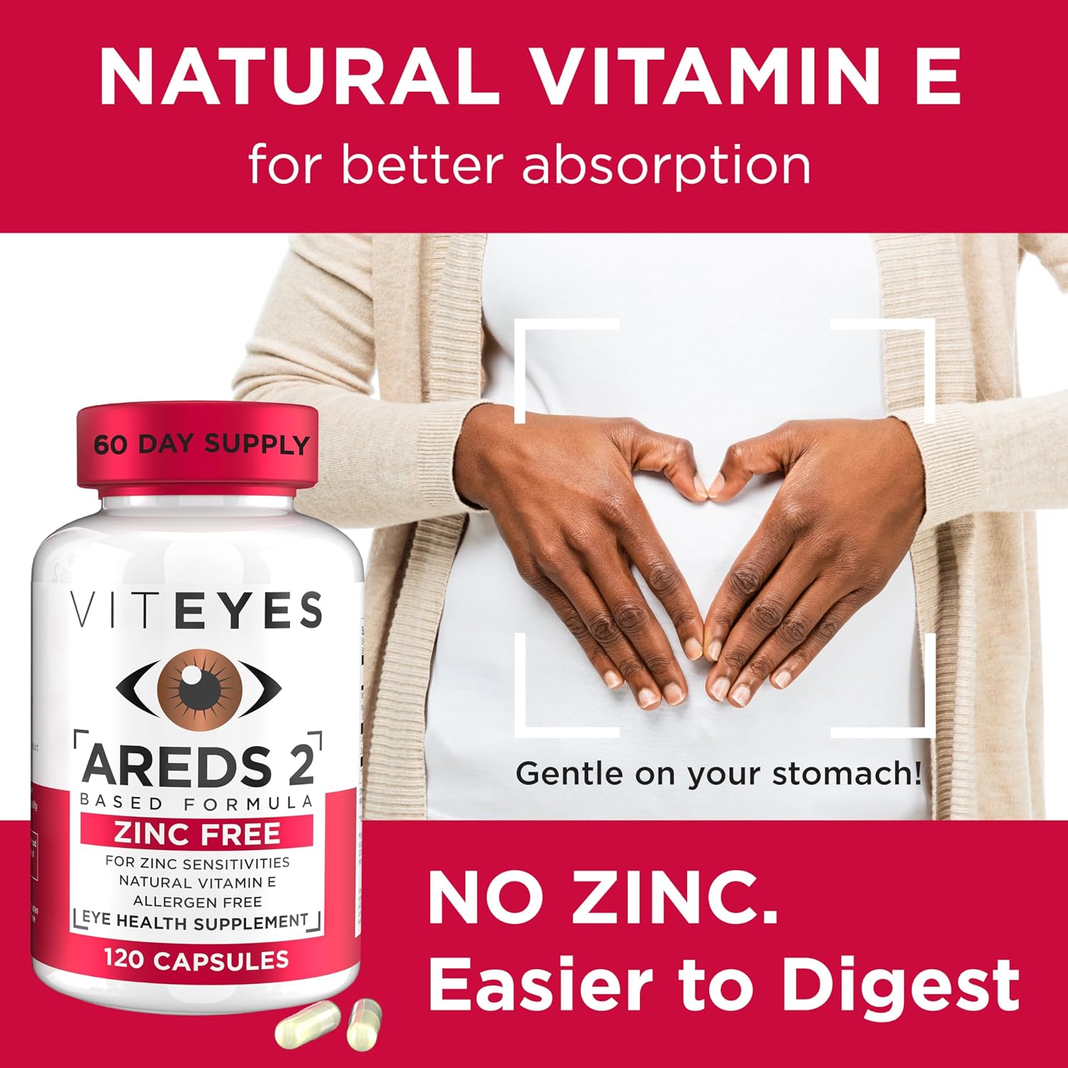 Viteyes AREDS 2 Zinc Free Macular Support, Natural Allergen Free Capsules with Vitamin E, Vitamin C, Lutein & Zeaxanthin, No Zinc, No Copper, Eye Doctor Trusted, Manufactured in the USA, 180 Ct