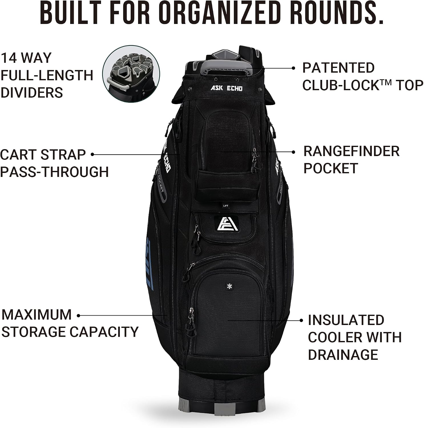 ASK ECHO T-Lock 3.0 Golf Cart Bag, Quiet 14-Way Full-Length Divider