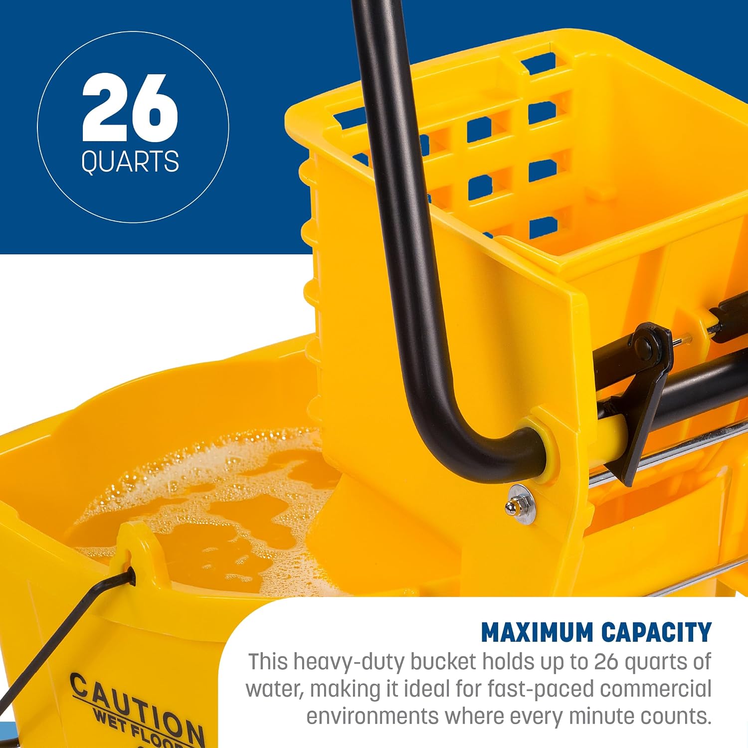 Carlisle FoodService Products 26 Qt Mop Bucket with Side Wringer, Yellow | 18.5 x 16.5 x 16.5 Inches, 34.25-Inch Handle Height, 50,000-Cycle Wringer, Non-Marking Casters, Assembly Required