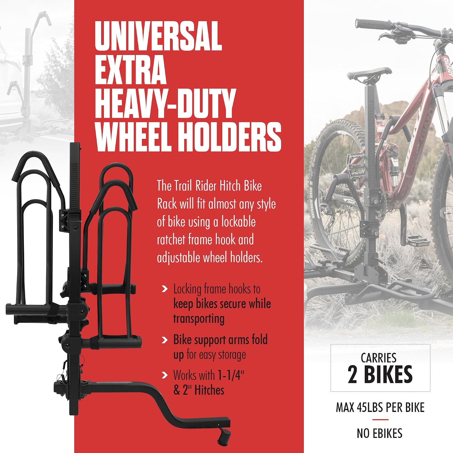 Hollywood Racks, Trail Rider, Hitch Mount Rack, 1-1/4'' and 2'', Bikes: 2 | Carries up to 2 Bikes with Easy Access