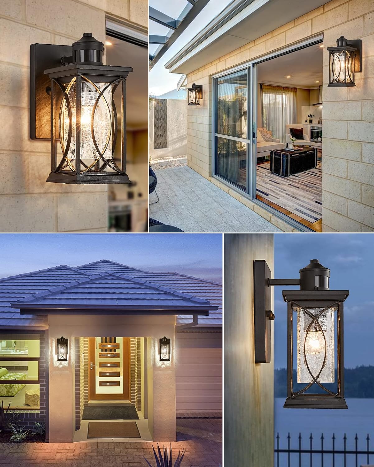 Dusk to Dawn Modern Outdoor Coach Lantern Exterior Light Fixtures Black Aluminum with Crack-Like Glass Waterproof Wall Sconce Mission Outside Light