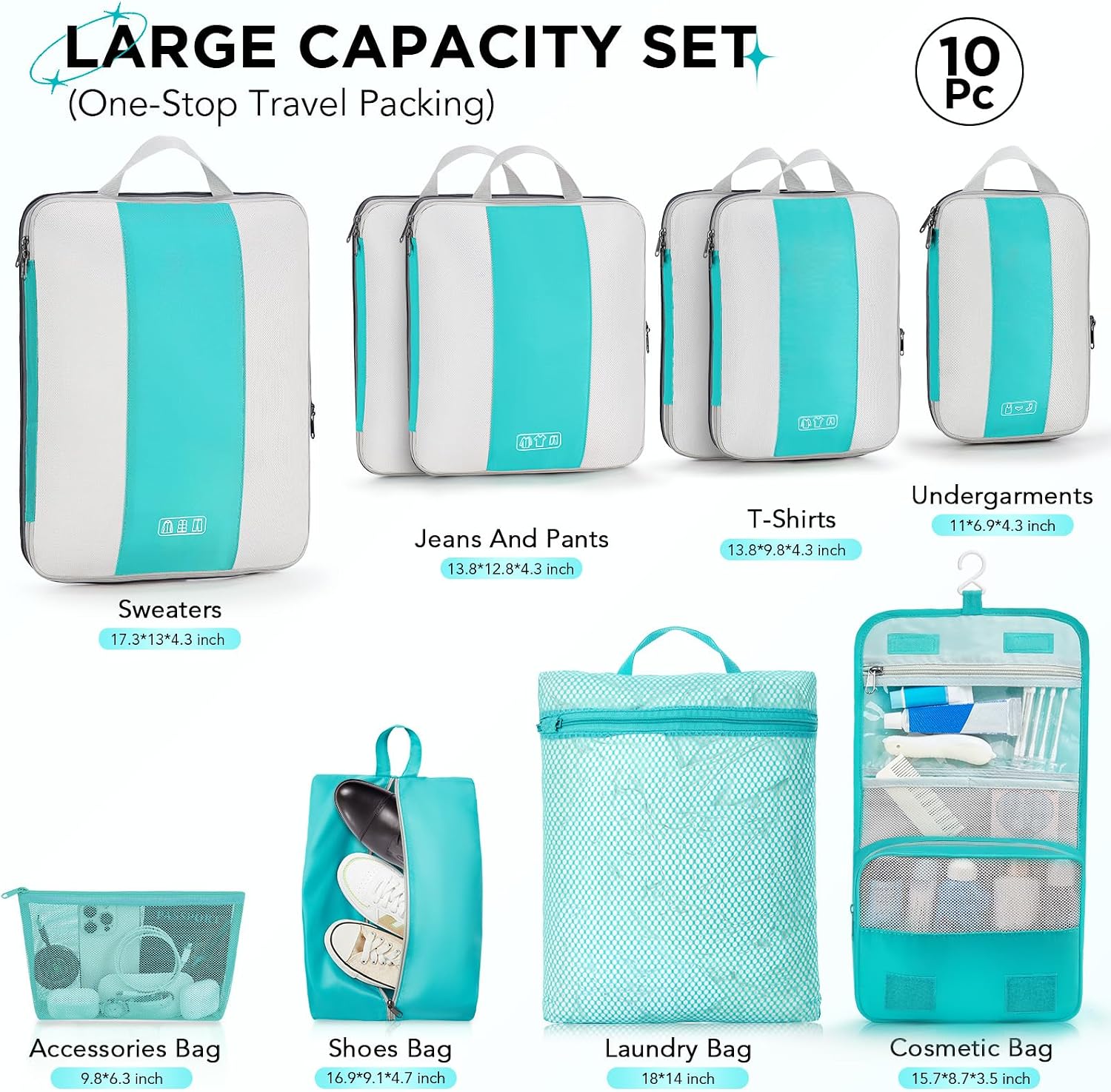 OlarHike 10 Set Compression Packing Cubes for Travel Essentials,Compressible Expandable Space Saver Bags for Organizing Clothes,Luggage Suitcase Garment Bags with Over 1000 pcs Mesh Holes(Black)