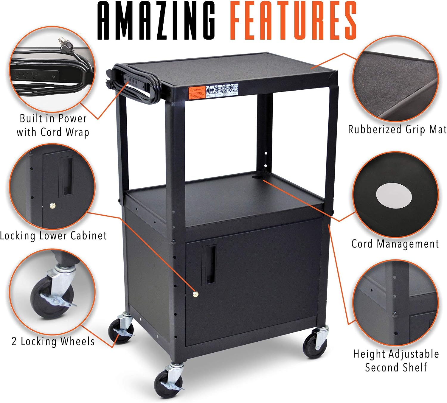 Line Leader AV Cart w/Locking Cabinet, Black Metal Utility Cart with Storage Shelf - Height Adjustable, Mobile and Great for Offices, Classrooms, Libraries (Black, 24in x 18in)