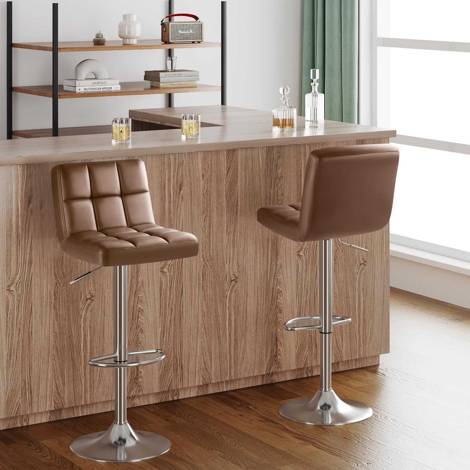 Furmax Bar Stools Modern Pu Leather Swivel Adjustable Hydraulic Bar Stool Square Counter Height Stool Set of 2 (White)