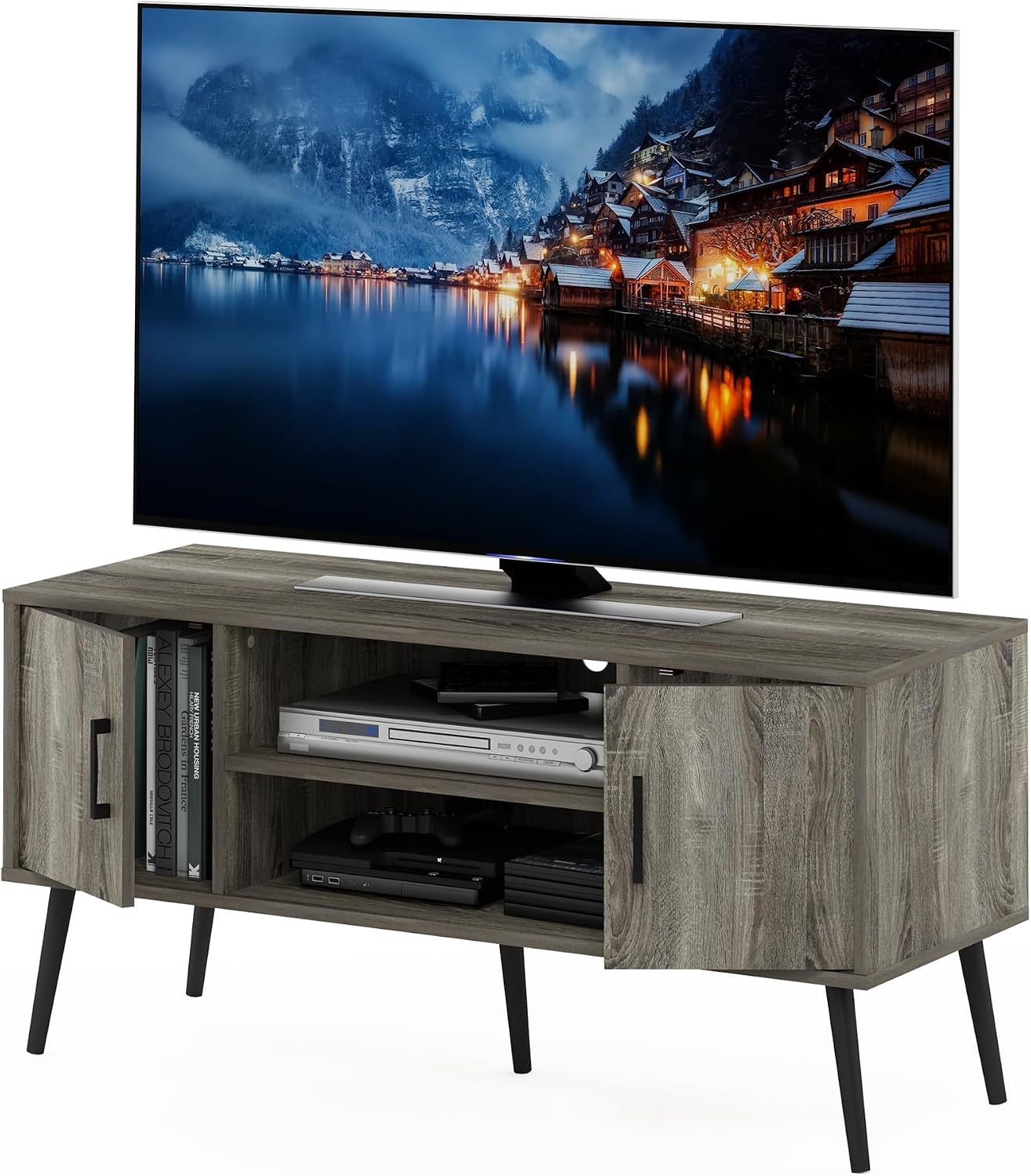 Furinno Fowler Multipurpose TV Stand Bookshelves, French Oak Grey