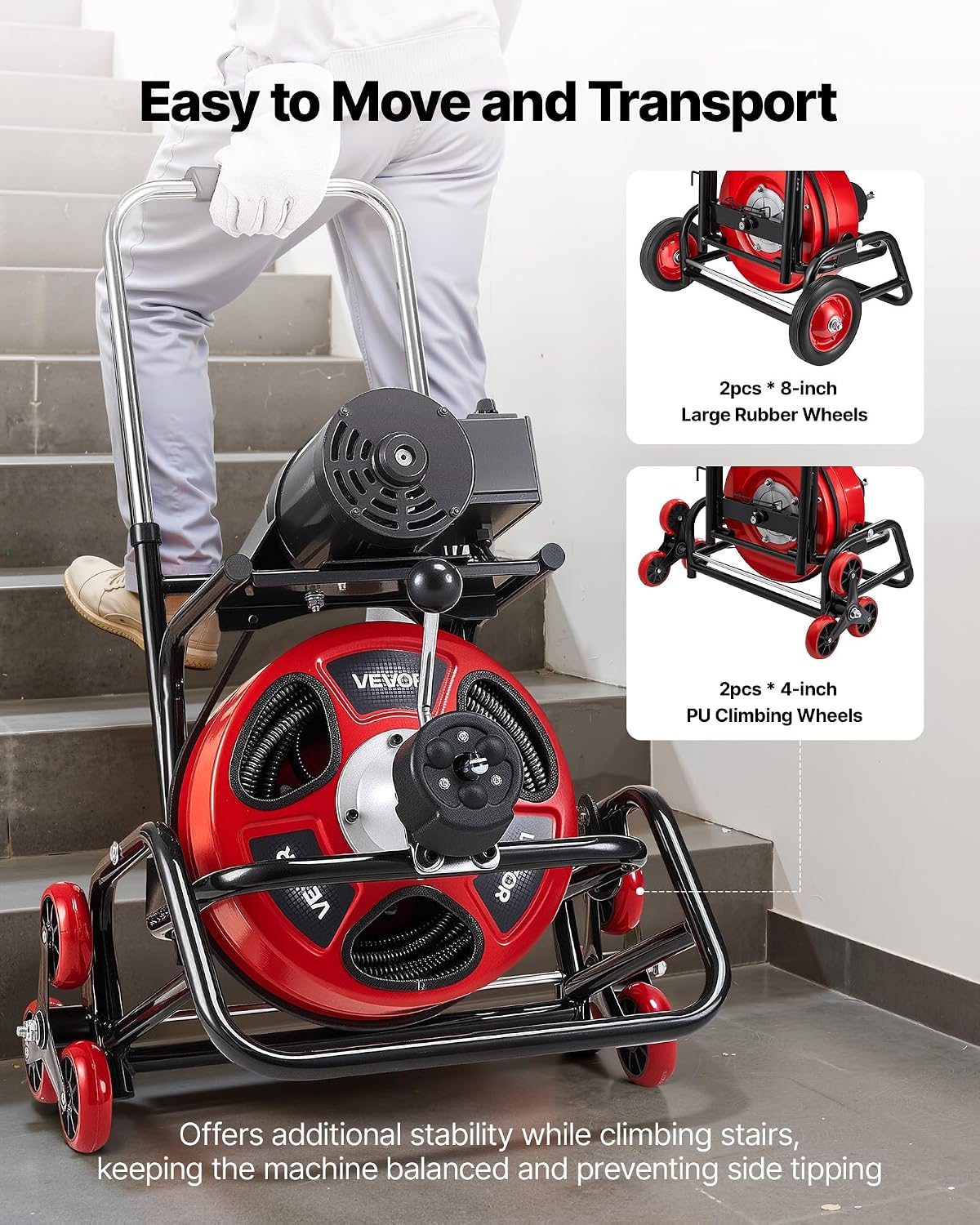 VEVOR Drain Cleaner Machine 100 FT x 3/4 Inch, Auto Feed Sewer Snake Auger, Portable Drain Cleaning Machine with Multi-Wheel Combination, 6 Cutters & Air-Activated Foot Switch for 4" to 8" Pipes